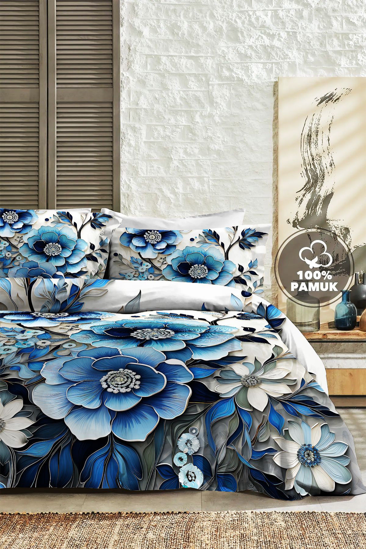 PerlaSera %100 PAMUK Ranforce Çeyizlik Luxury 5D Dijital Çift Kişilik Nevresim Takımı Blue