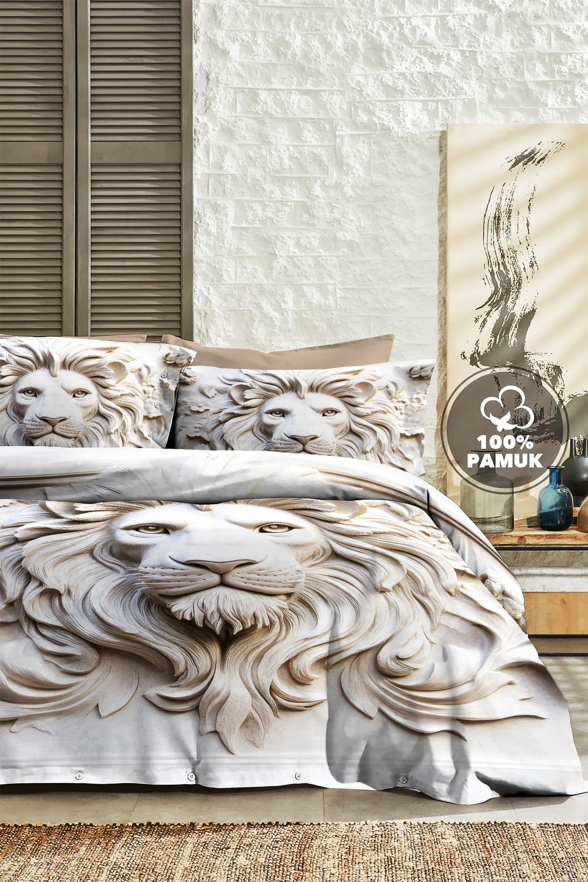 PerlaSera %100 PAMUK Ranforce Çeyizlik Luxury 5D Dijital Çift Kişilik Nevresim Takımı Lion