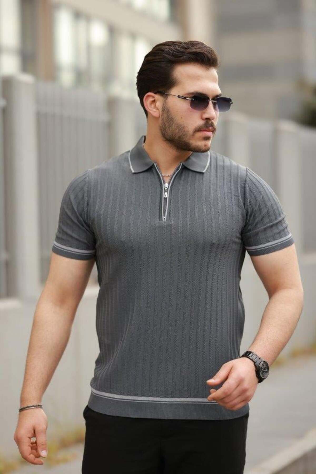modamtn Erkek Fermuarlı Yakalı Kısa Kollu T-shirt