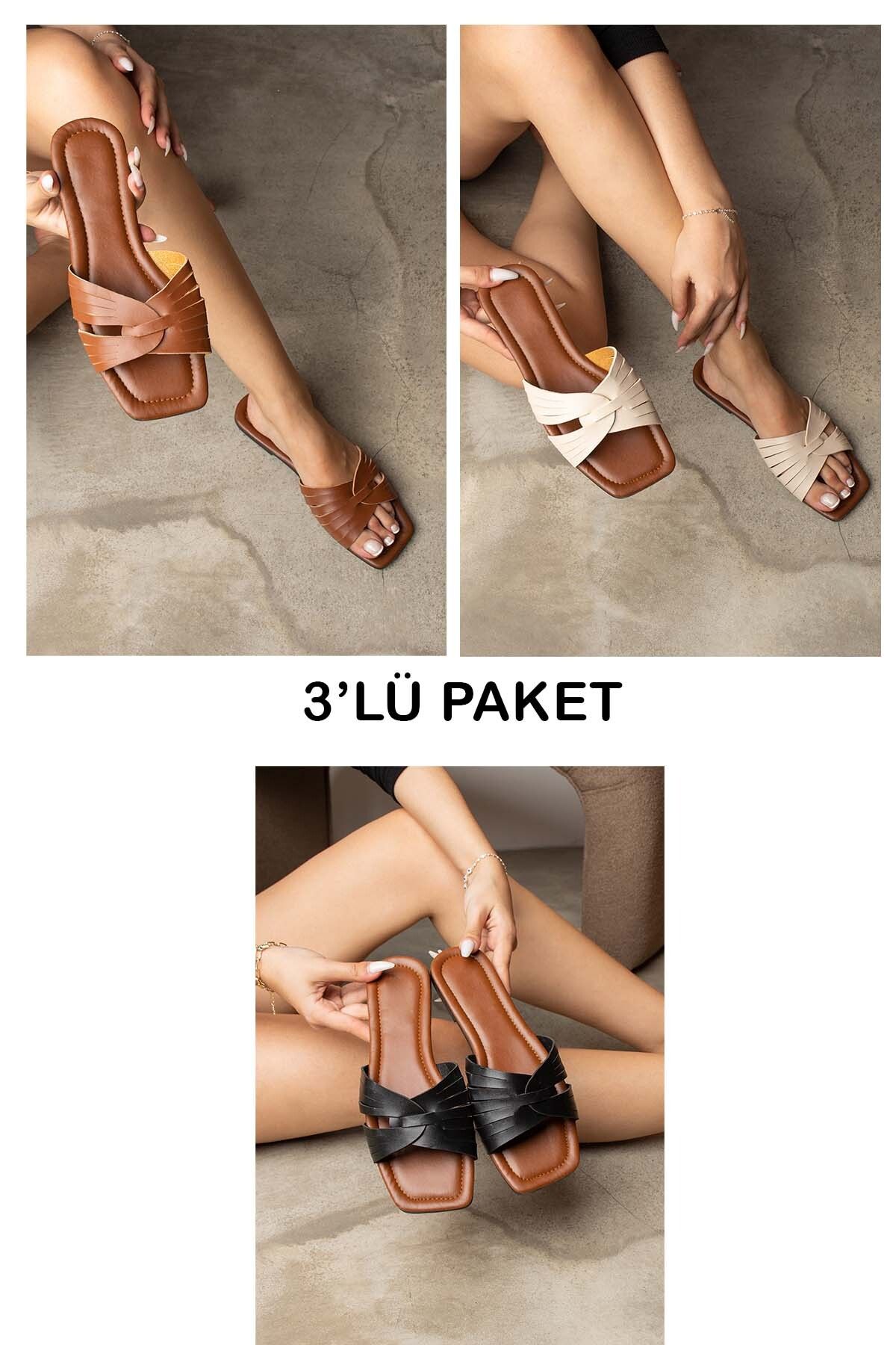ICELAKE Sofi Kadın Günlük Konforlu Kontrast Detay Terlik 3'lü Set