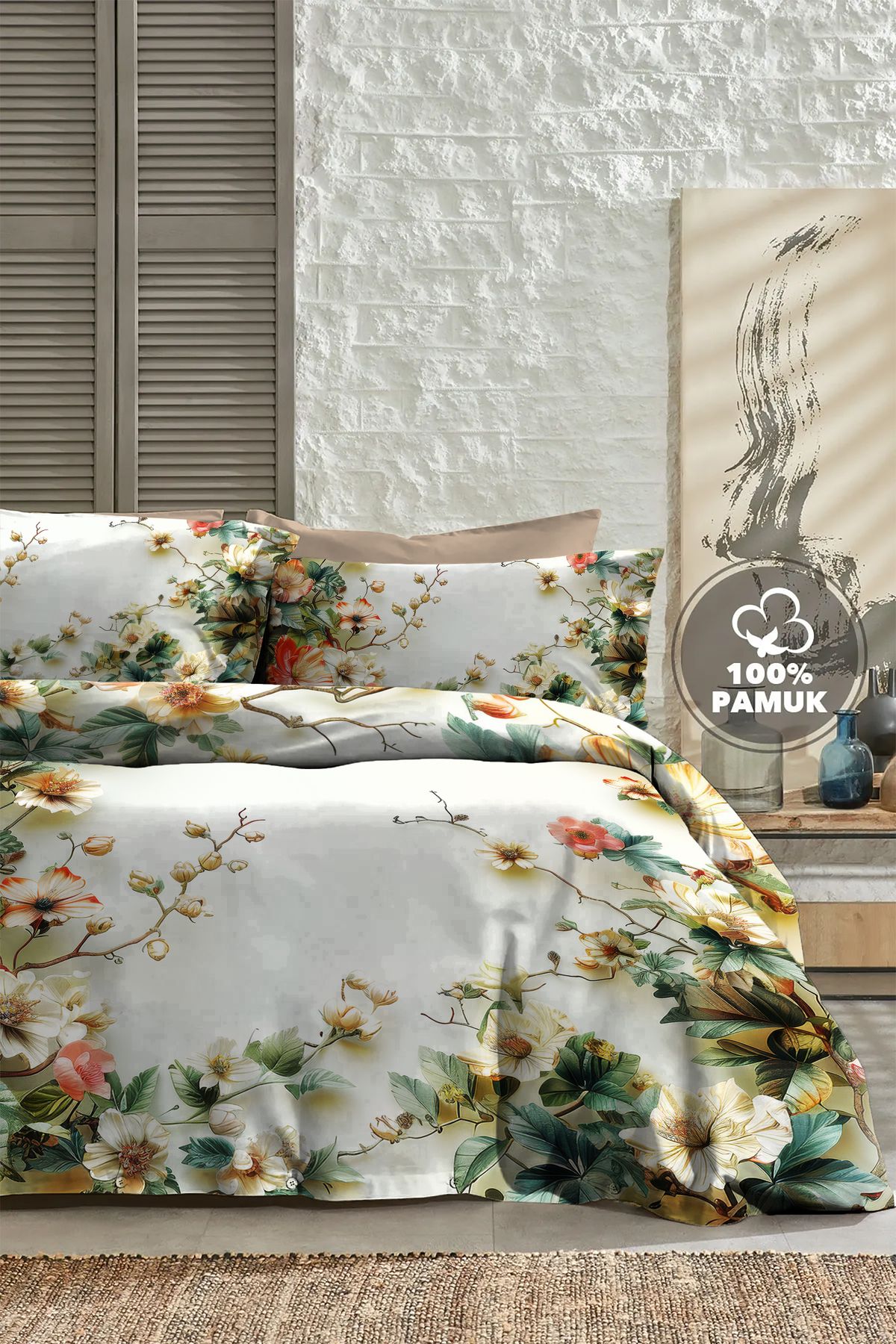 PerlaSera %100 PAMUK Ranforce Çeyizlik Luxury 5D Dijital Çift Kişilik Nevresim Takımı Garden