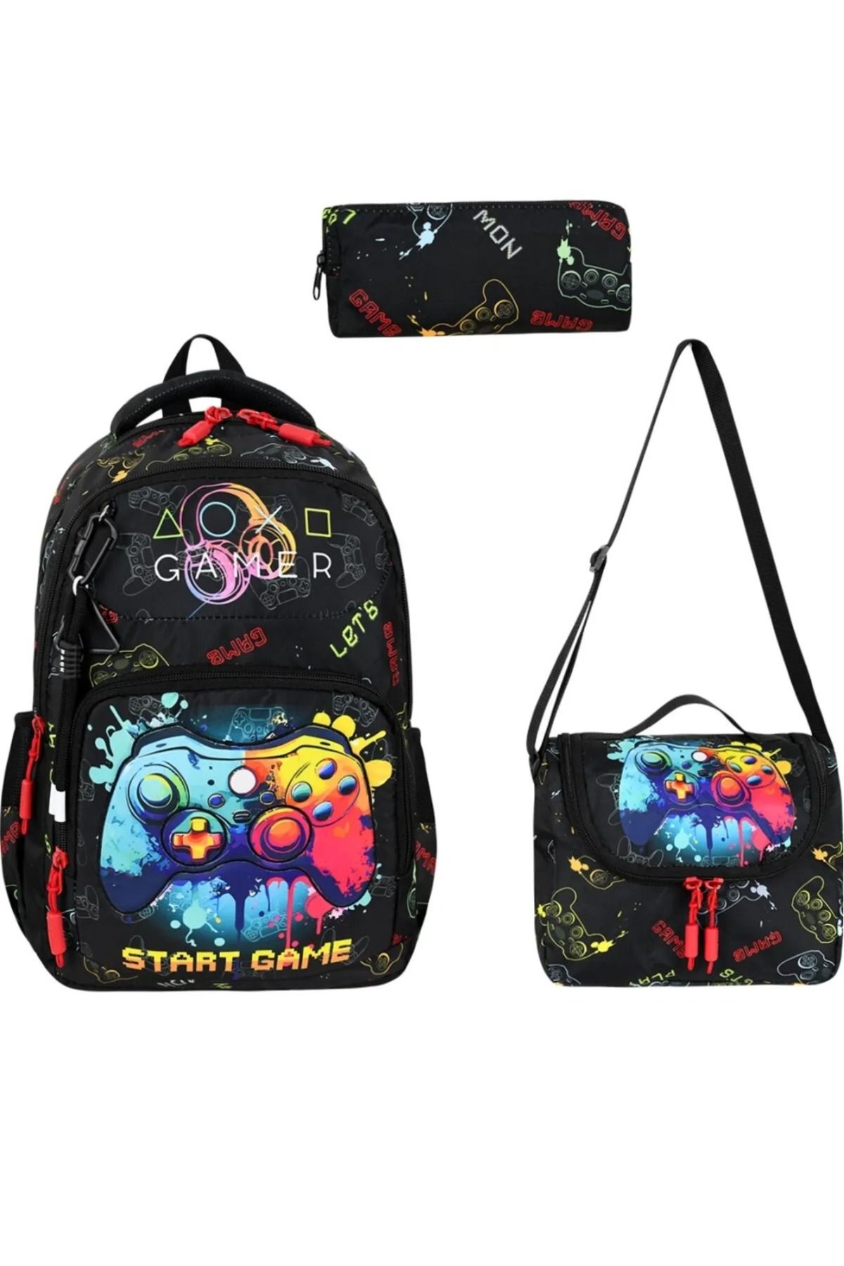great bags Gamer Desenli Ortopedik Sırt Destekli İlkokul Sırt Çantası Folyolu Beslenme+Kalemlikli İlk Okul Seti
