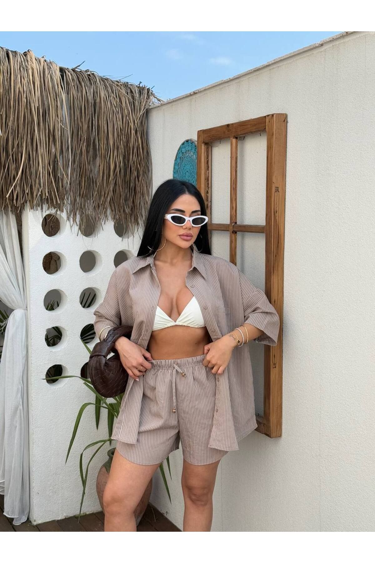 Lady Pixie Kadın Keten Kumaş Oversize Gömlek Şort Takımı
