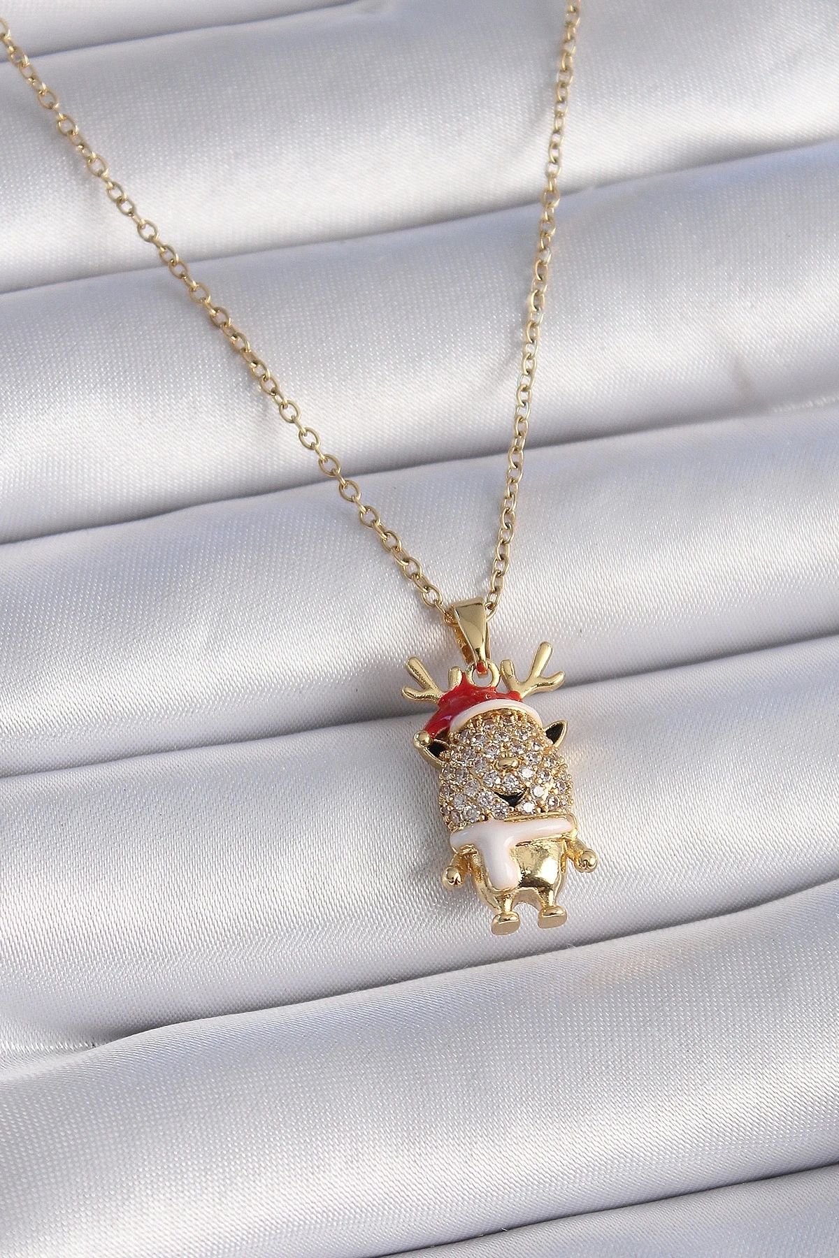 shopwave 316L Çelik Gold Renk Zirkon Taşlı Yılbaşı Temalı Ren Geyiği Figür Kadın Kolye