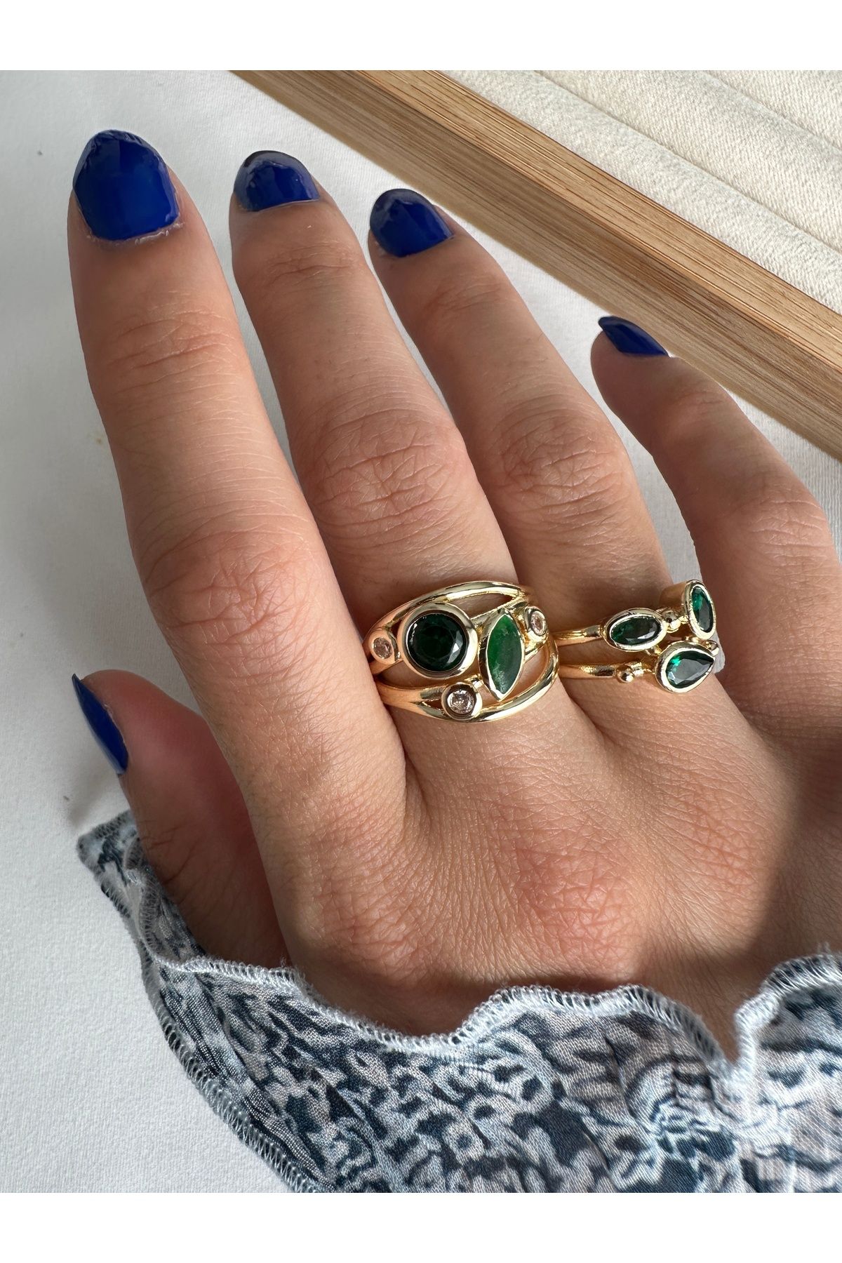 ringbox 2'li Yeşil Renkli Taşlı Yüzük Seti