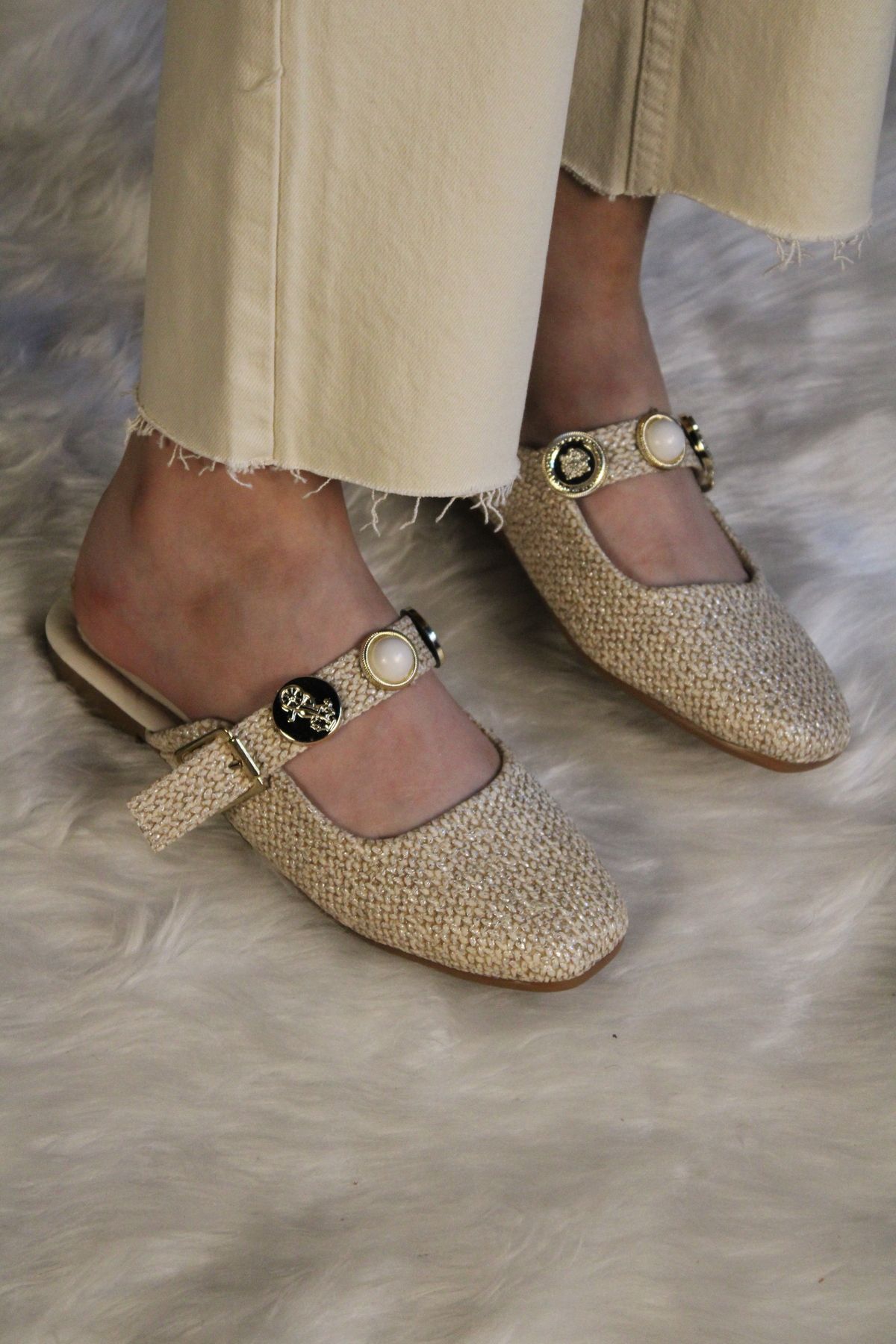 mybellashoes Hasır Desen Tokalı Bej Kadın Terlik
