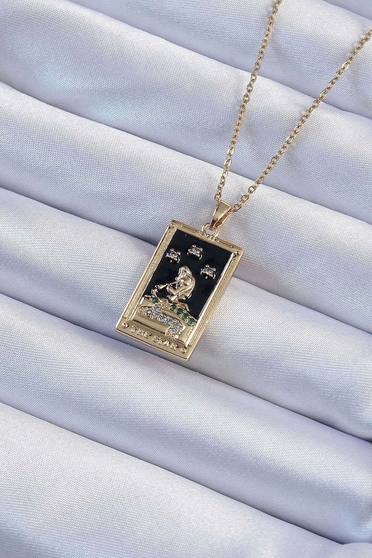 shopwave 316L Çelik Zincir Altın Renk Zirkon Taşlı Siyah Mineli Kız Figürlü Tarot Kolye