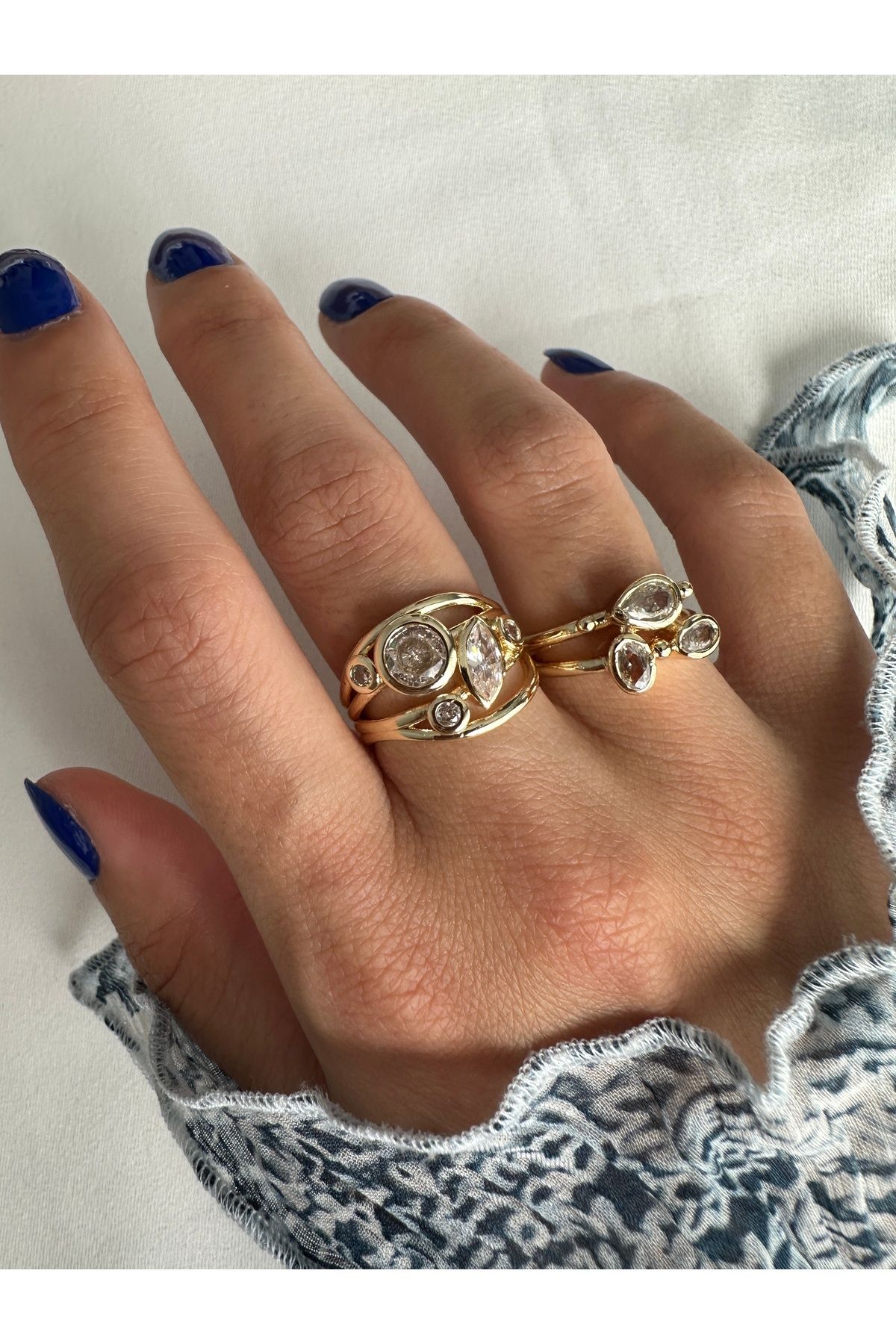 ringbox 2'li Renkli Taşlı Gold Yüzük Seti