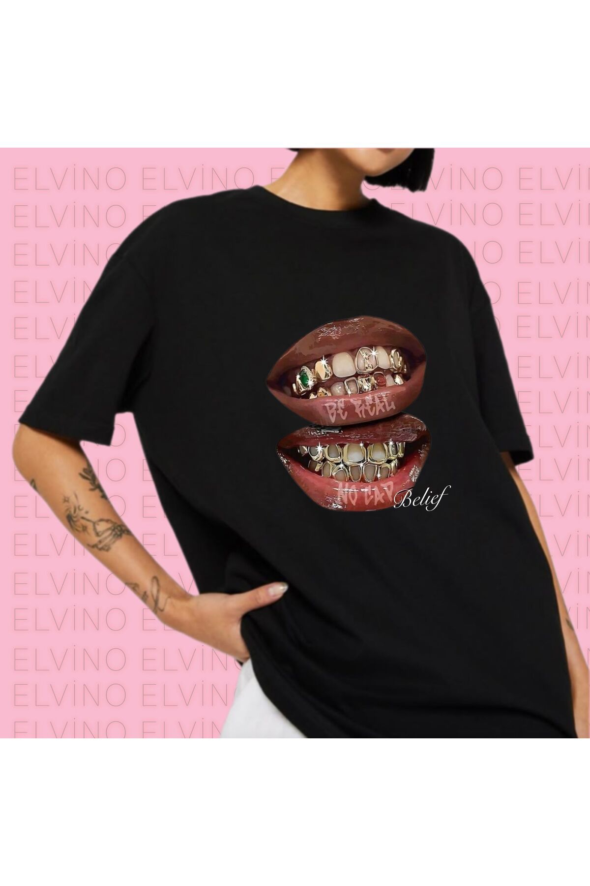 Elvino Grillz Tee Baskılı Oversize Unisex Kadın/Erkek Bisiklet Yaka Pamuklu Tshirt