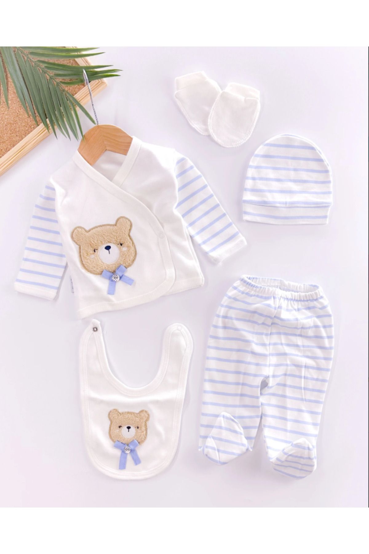 Baby Wings Ayıcık Süzene Nakışlı Çizgili Kutulu 5'li Set Hastane Çıkışı