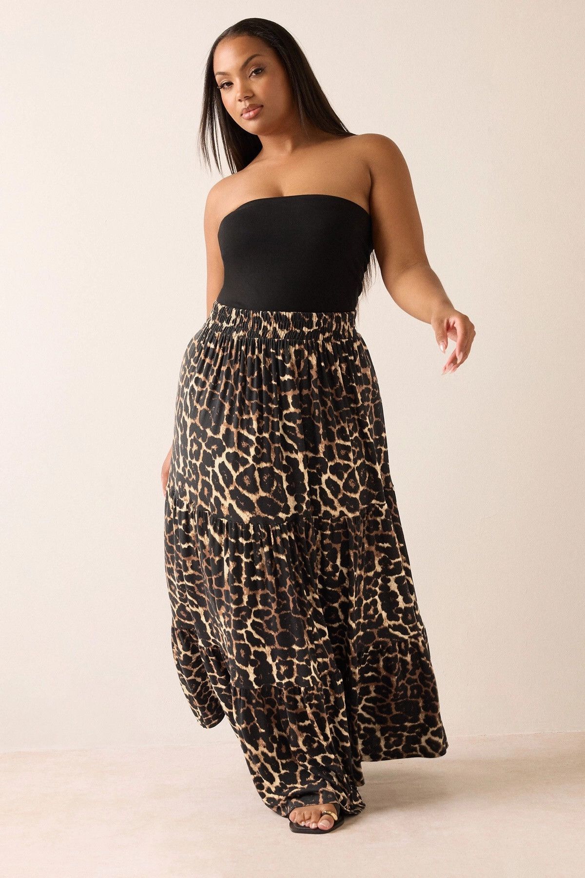 Stil Diva Büyük Beden Bürümcük Kumaş Leopar Desenli Beli Lastikli Etek 304237