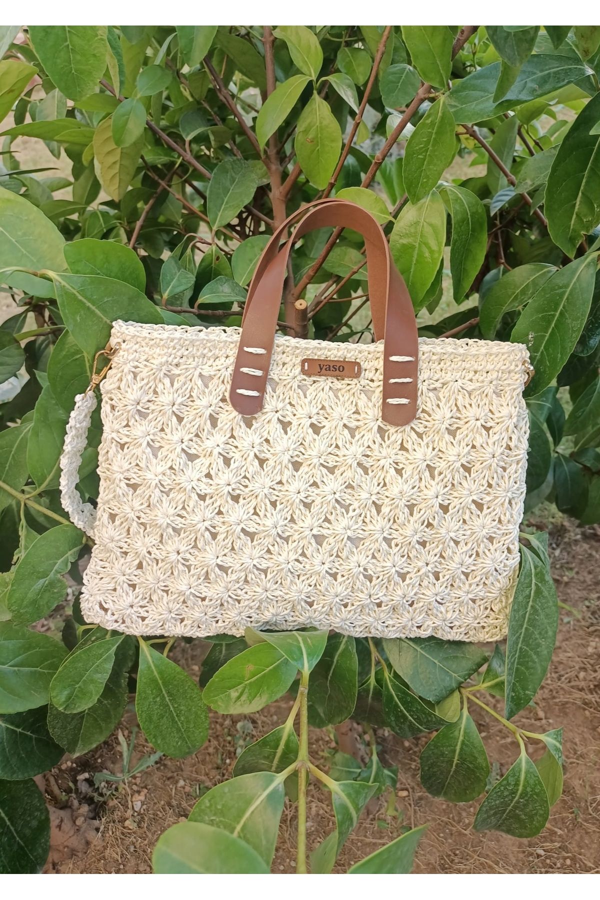 yaso shop El örgüsü hasır krem rengi el çantası