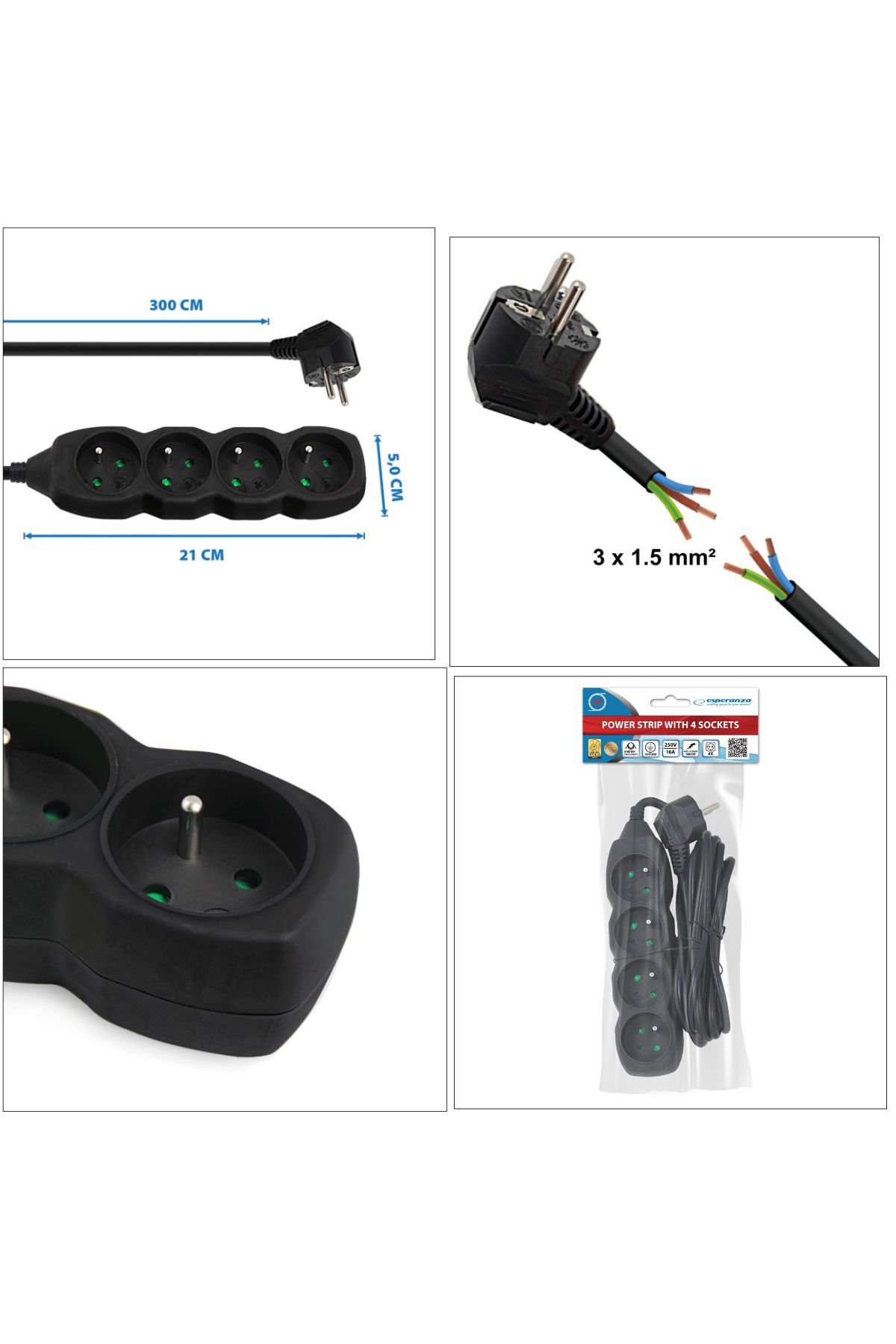 ESPERANZA-Prelungitor cu 4 prize și cablu de 3 m, 250V, 16A, sarcină maximă 3680W, ES-96161, negru 6