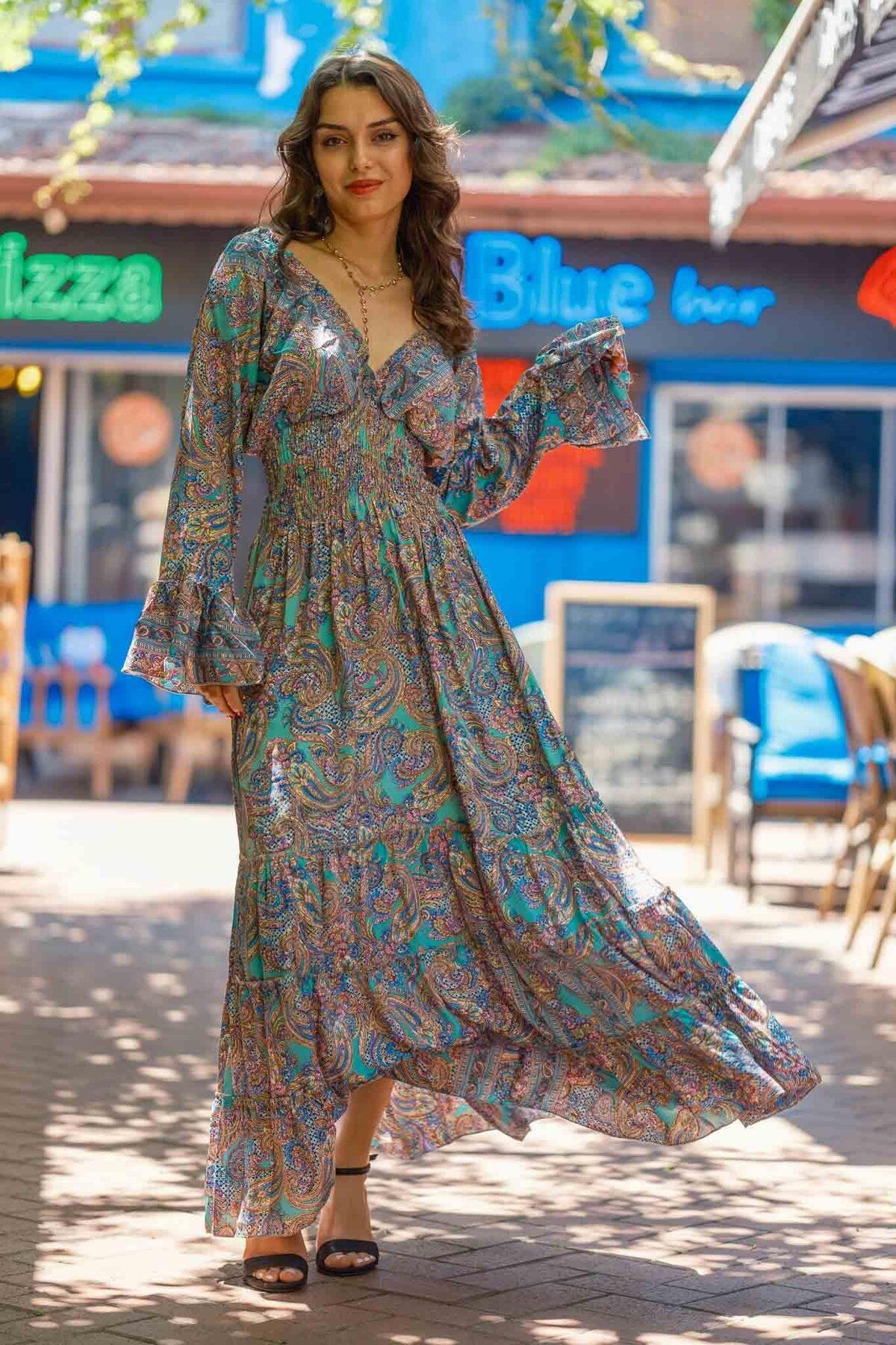 Miss Boheme Yeşil Renk Madonna Yaka Uzun Kollu İpek Elbise