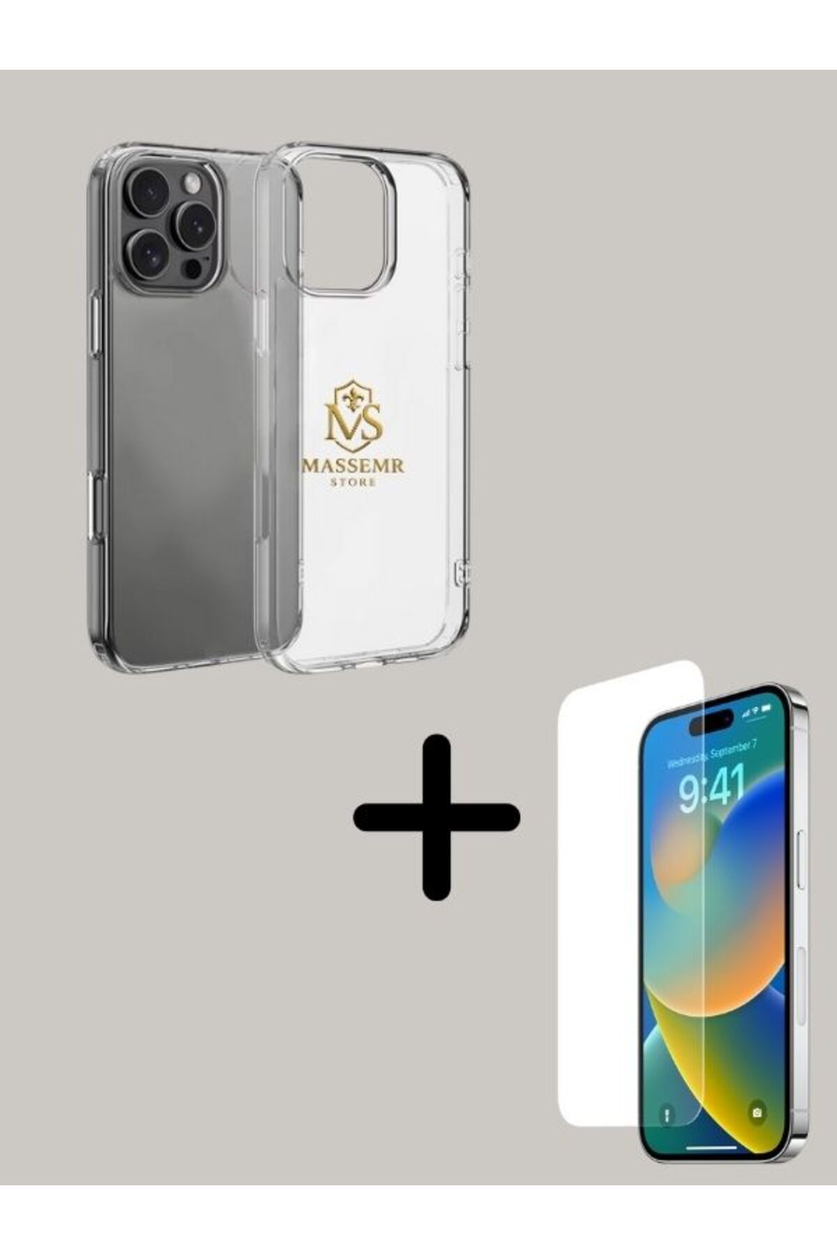 Massemr iPhone 15 Pro Uyumlu Kamera Korumalı Şeffaf Kılıf + 9H Ekran Koruyucu Temperli Cam Set