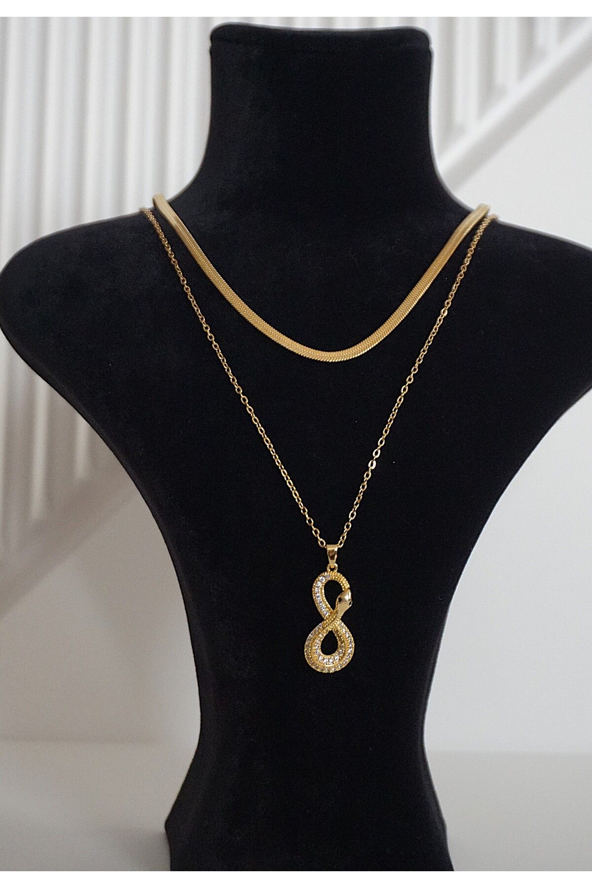 Finesa Jewelry Çelik,Zirkon Taşlı, Sonsuzluk Yılan Detaylı ,İkili Kombin Kolye