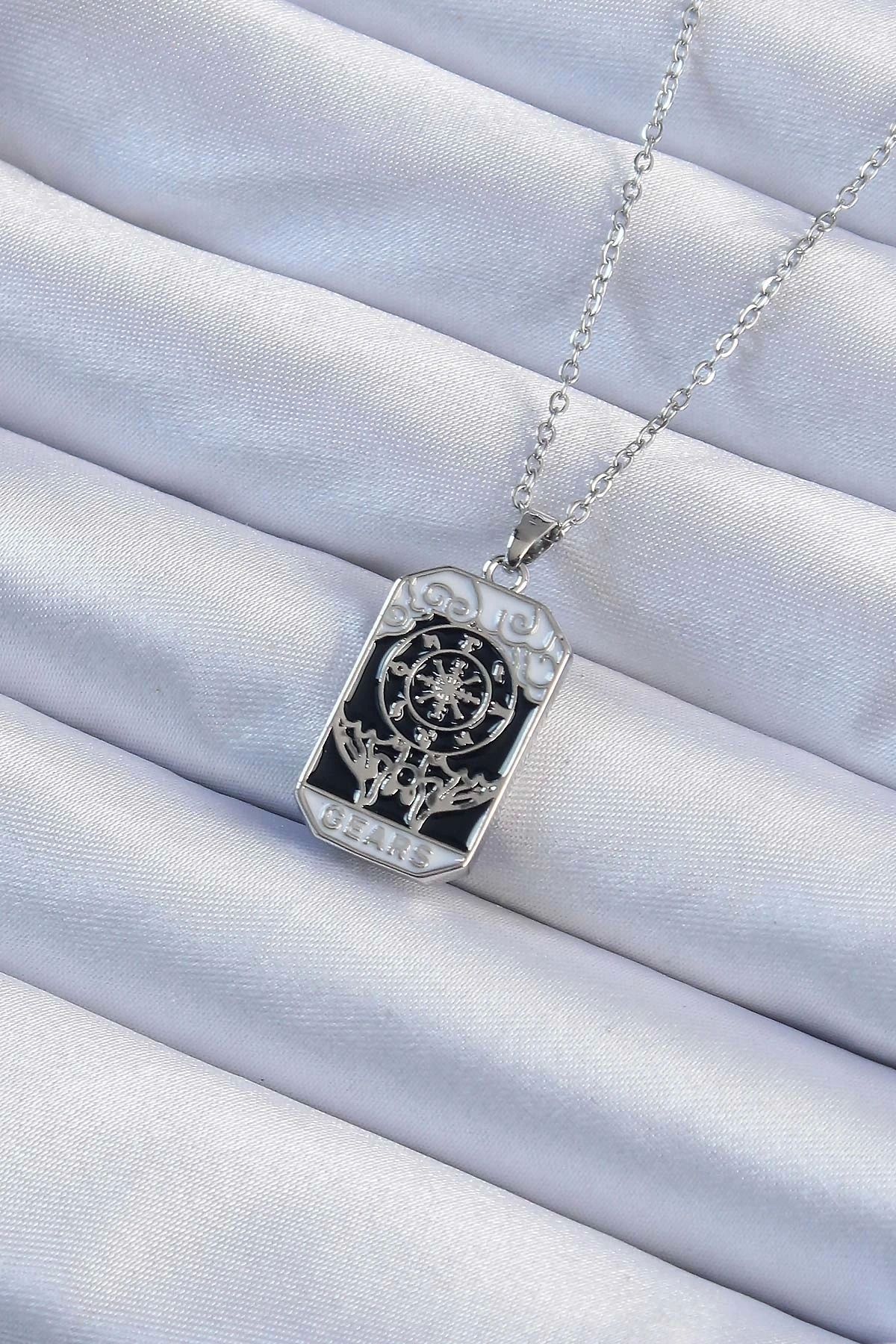 shopwave 316L Çelik Zincir Gümüş Renk İşlemeli Siyah Mineli Tarot Kolye