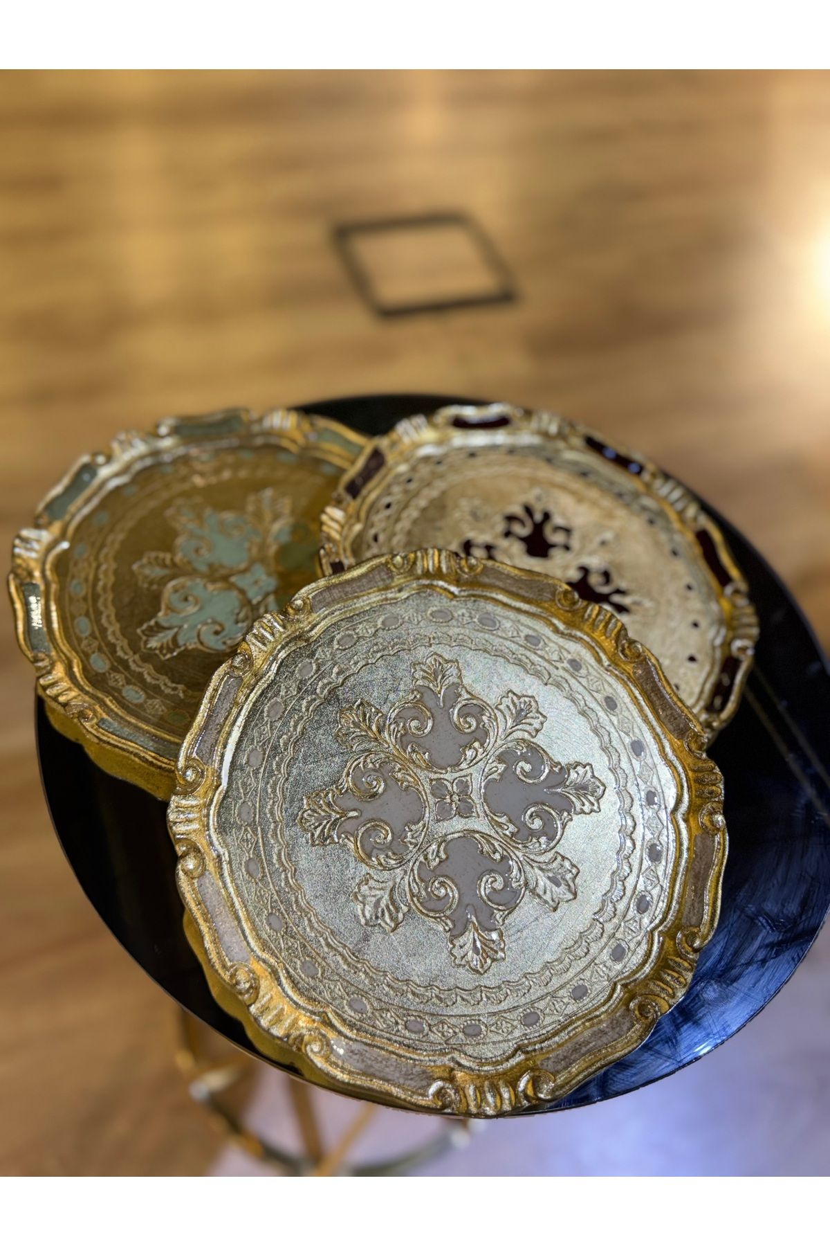 masi ESTERHOMEDECOR 3’lü Tek kişilik yuvarlak orijinal Gül ağacı sunum tepsisi 30cm