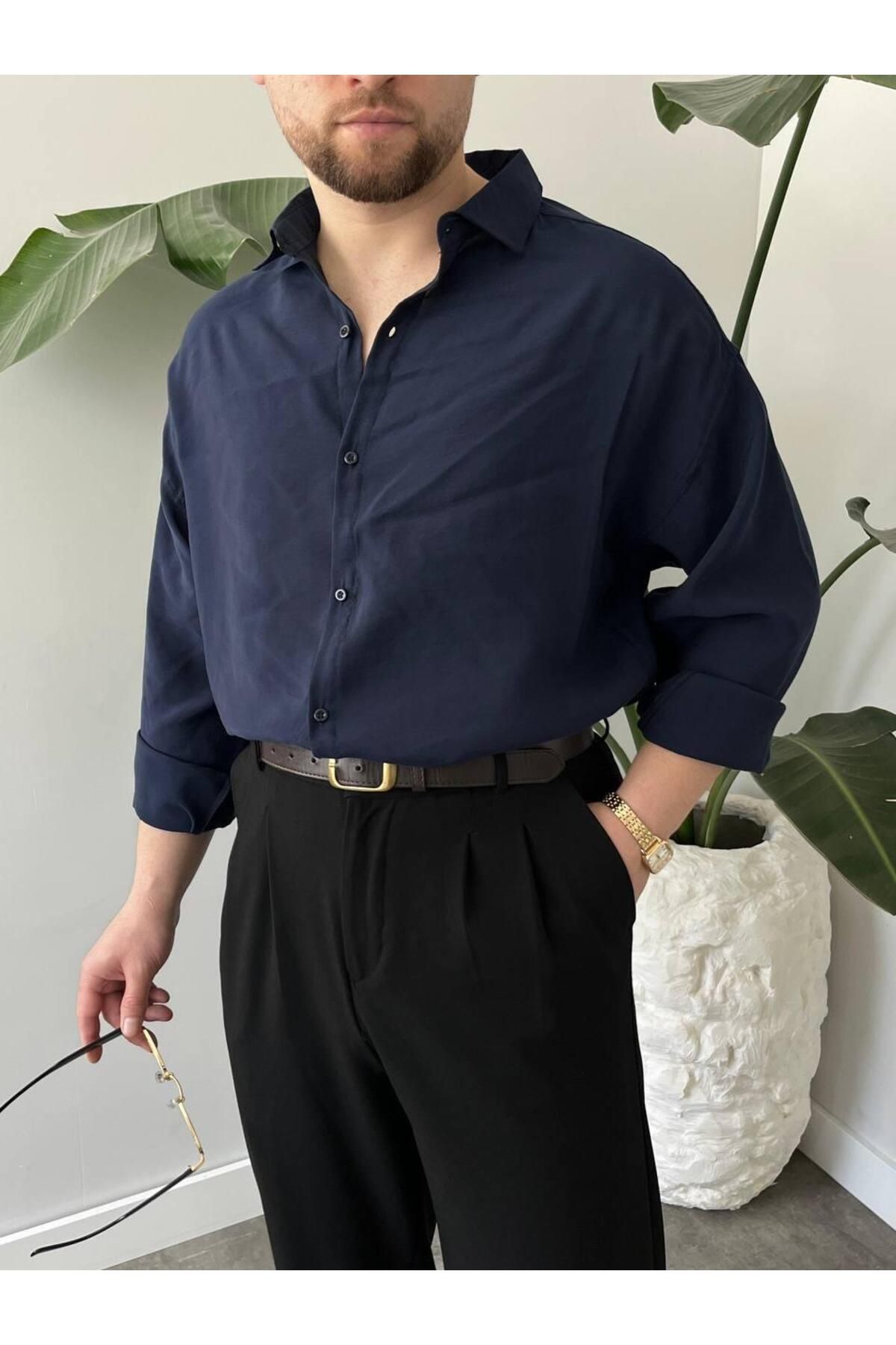 MODA MODAL LACİVERT OVERSİZE GÖMLEK