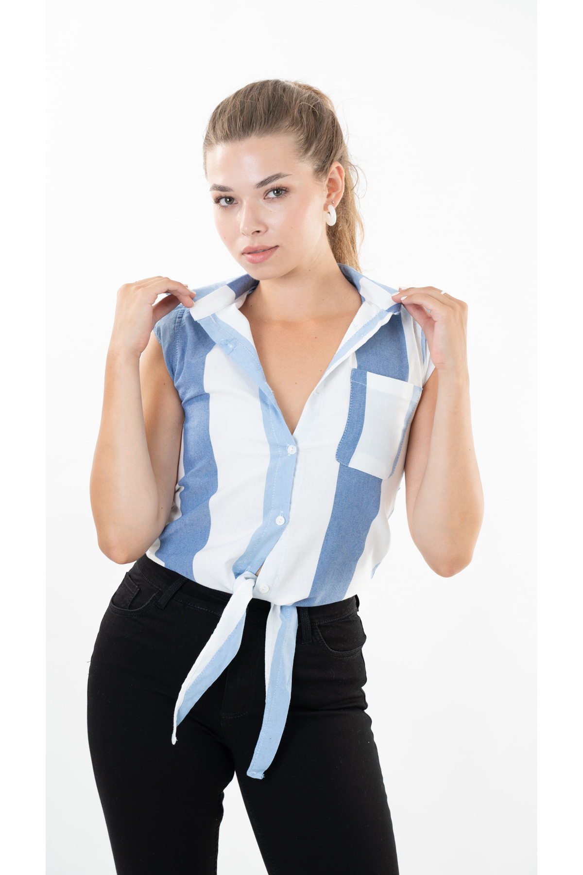 FEHANDEN COLLECTİON Kadın , Önden bağlamalı, tek cepli pamuklu kumaş gömlek