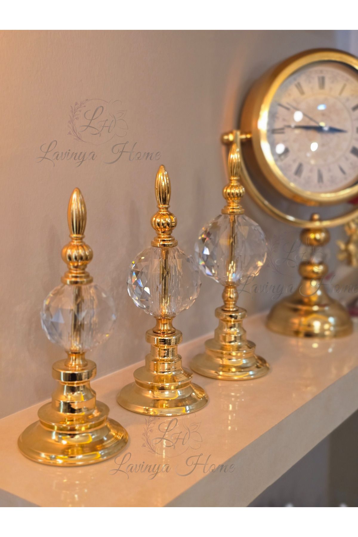 LH Lavinya Home Dekoratif 3'lü Gold Alem Biblo Set | Metal Gövde Kristal Toplu | Büyük-Orta-Küçük