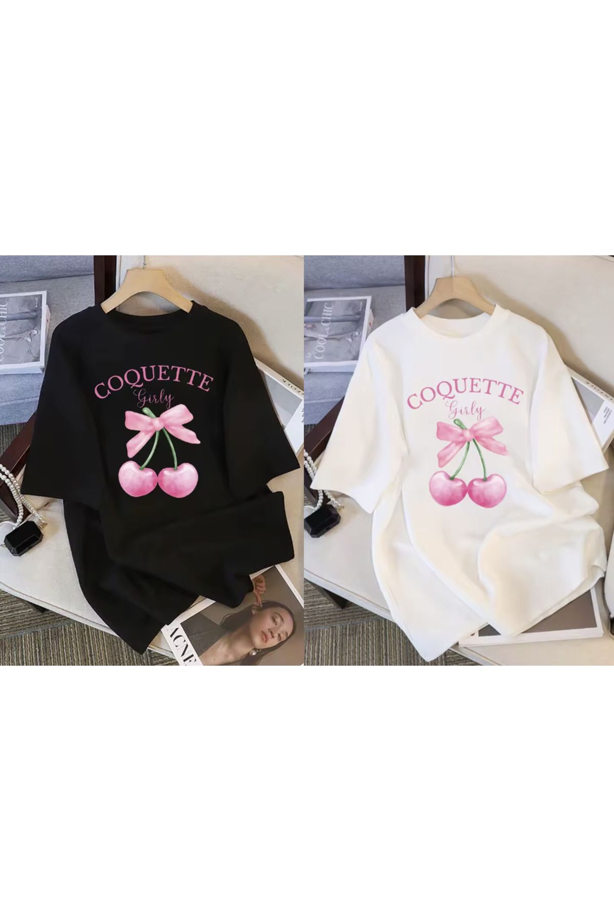LG LAGULER VESTITI COQUETTE KİRAZ BASKILI SİYAH VE BEYAZ YAZLIK OVERSİZE PENYE TİŞÖRT