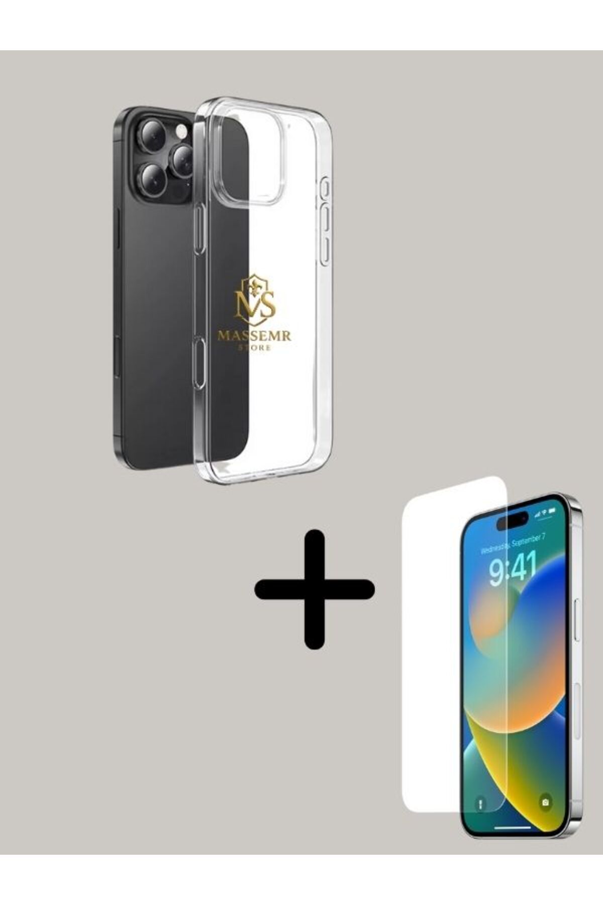 Massemr iPhone 16 Pro Uyumlu Darbe Emici Şeffaf Kılıf + 9H Tam Kaplama Ekran Koruyucu Cam Set