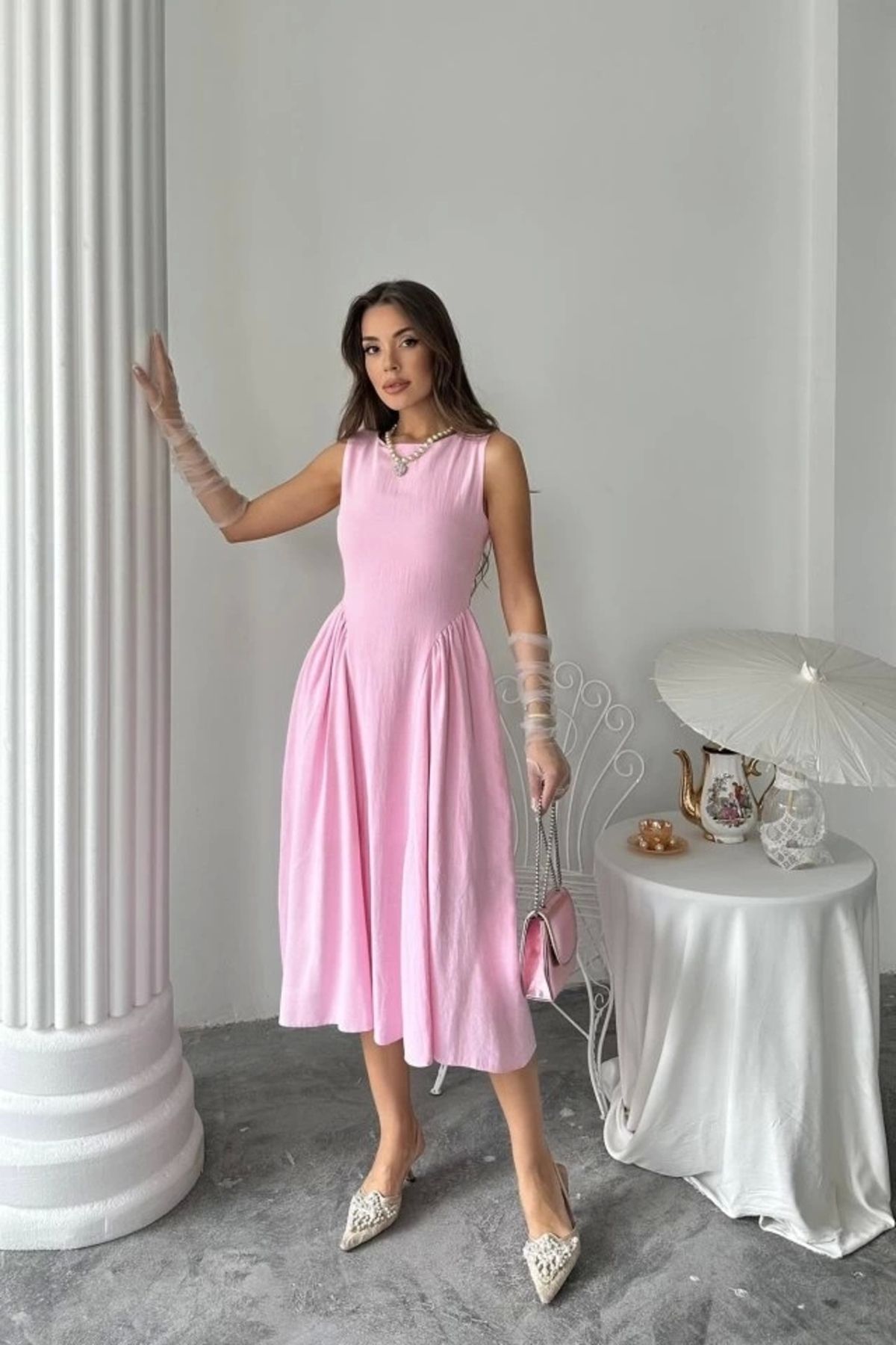 nedo7 Pembe Yanları Büzgülü Midi Boy Keten Elbise