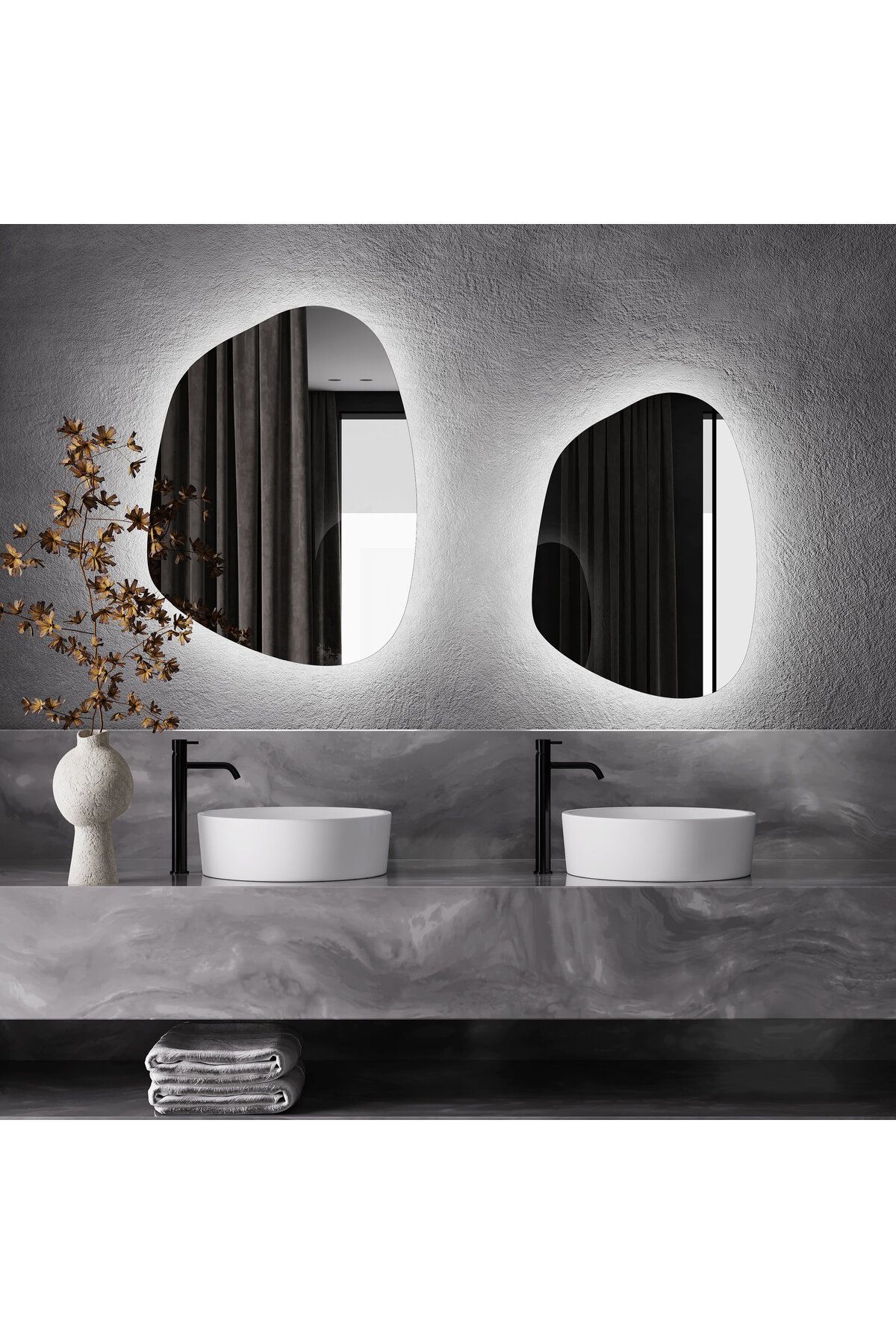 Aypars Atölye 80x108 Asimetrik LED Ayna – Gün Işığı ve Beyaz Işıklı Tekli Duvar Aynası, Modern Doğal Form