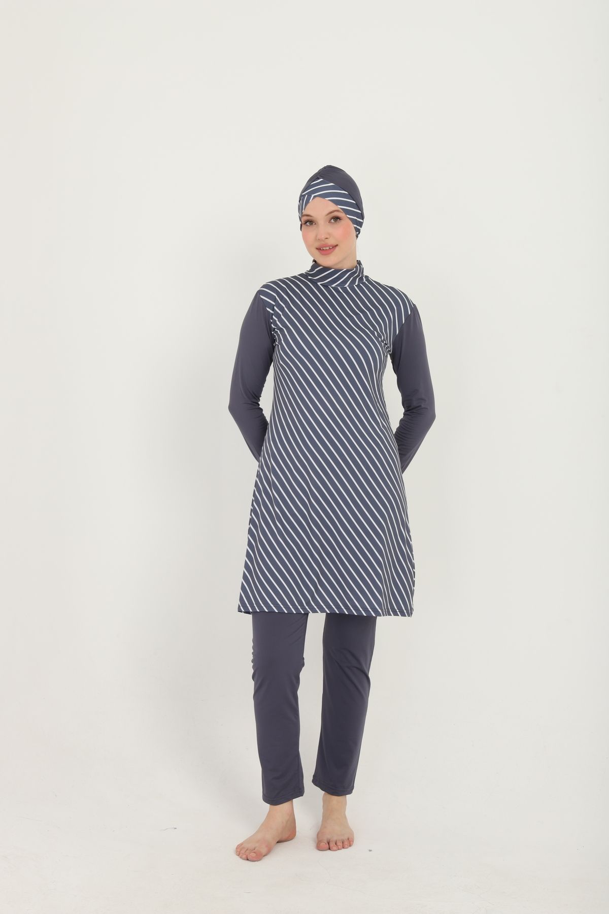 TRENDT MODA ÇİZGİLİ ELBİSE TAYT BONE ÜÇLÜ TAKIMI