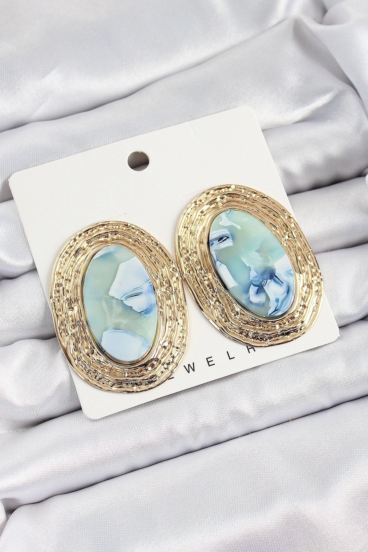 Clariss Pirinç Mermer Desenlli Mavi Oval Vintage Model Gold Renk Kadın Küpe