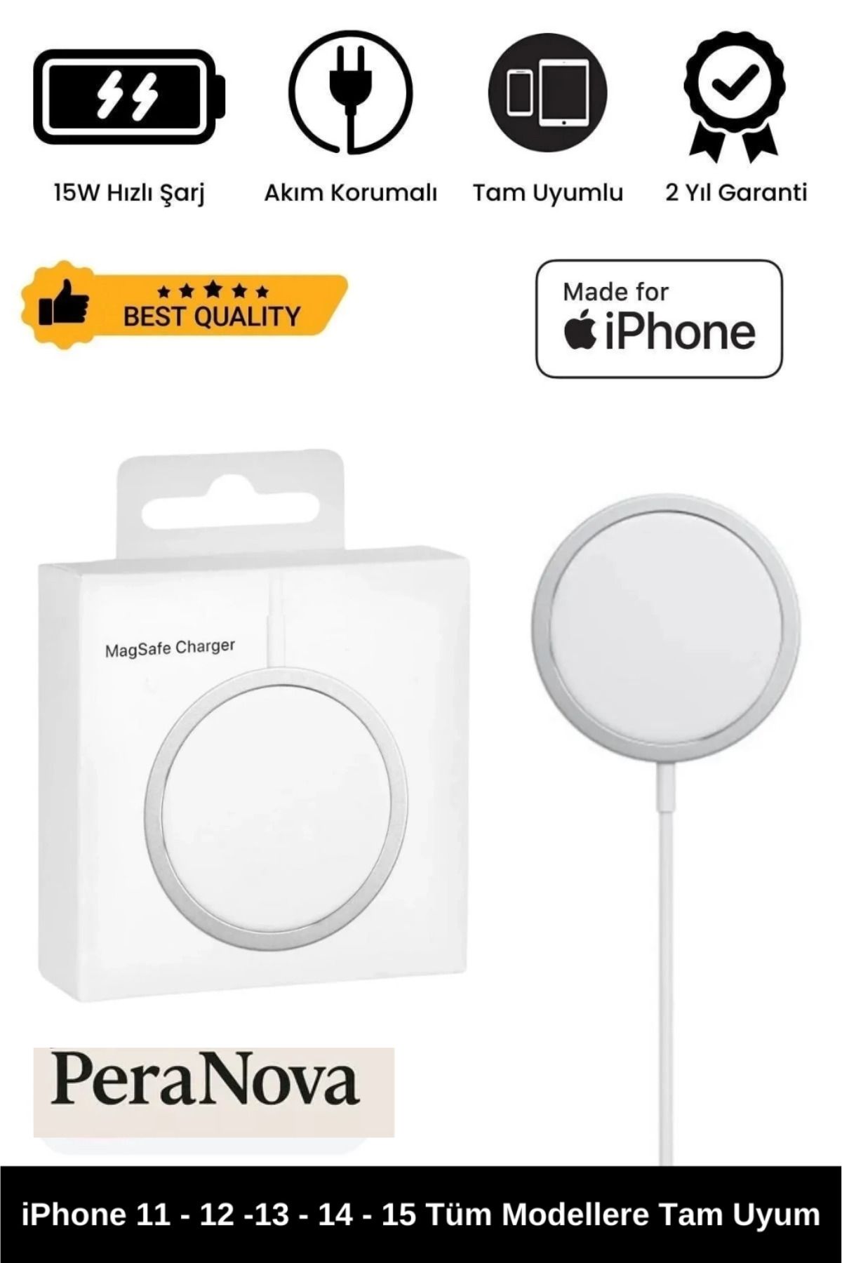 PeraNova iPhone 11 12 13 14 15 Magsafe Kablosuz Hızlı Şarj Aleti Apple Tam Uyumlu Wireless Charger Adaptörü