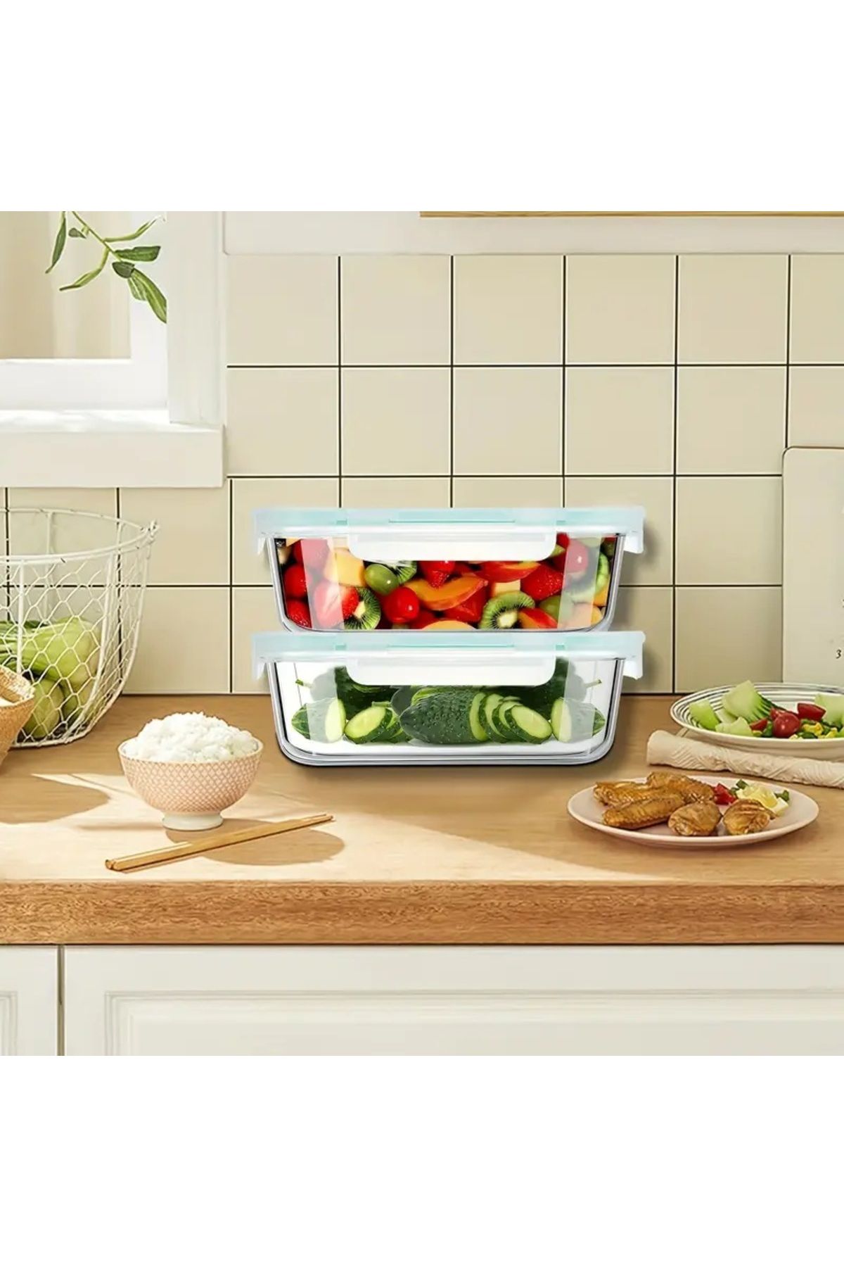 CİHO-Ciho 2 Pieces 1520 ml Glass Ziplock Vacuum Rectangular Airtight Storage Container with Lid 4