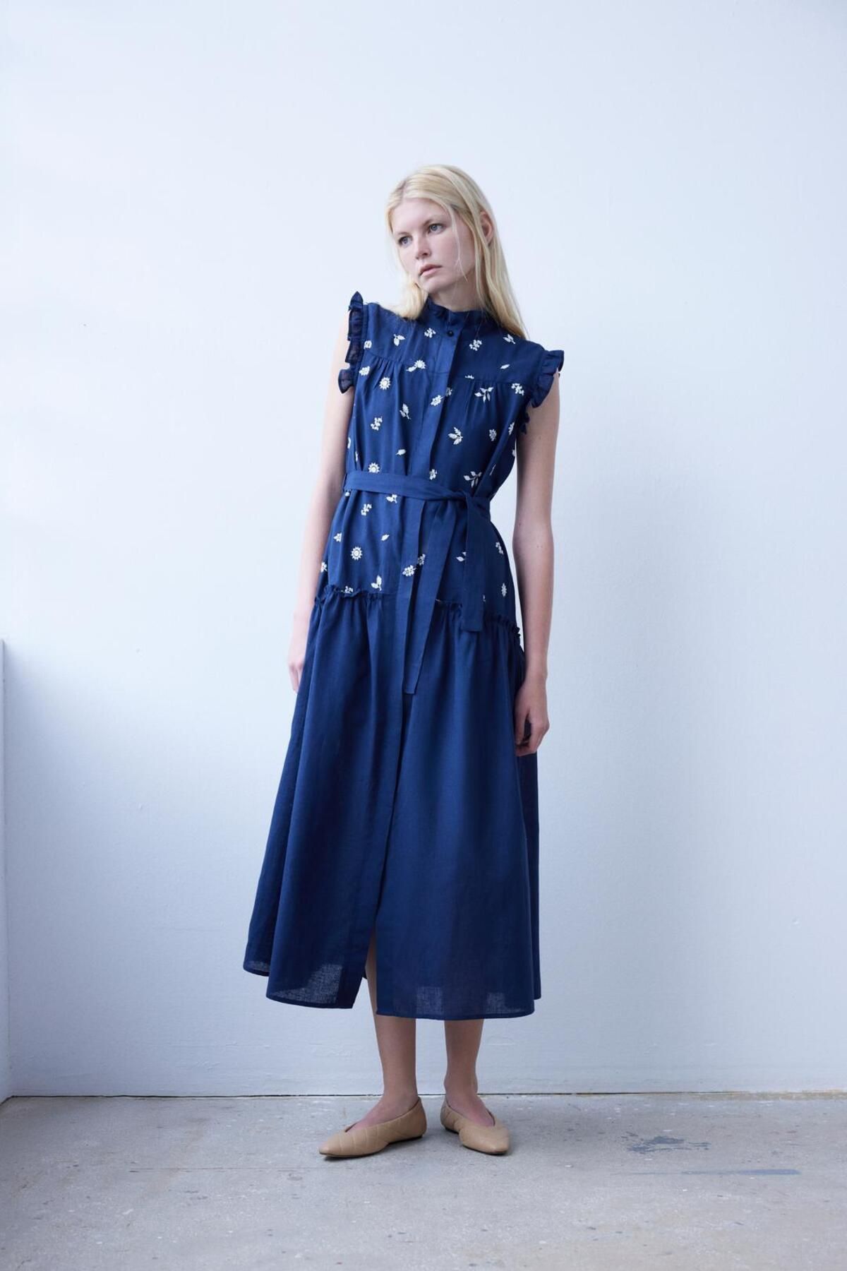 By Mare Style Maxi Keten Pamuk Lacivert Elbise