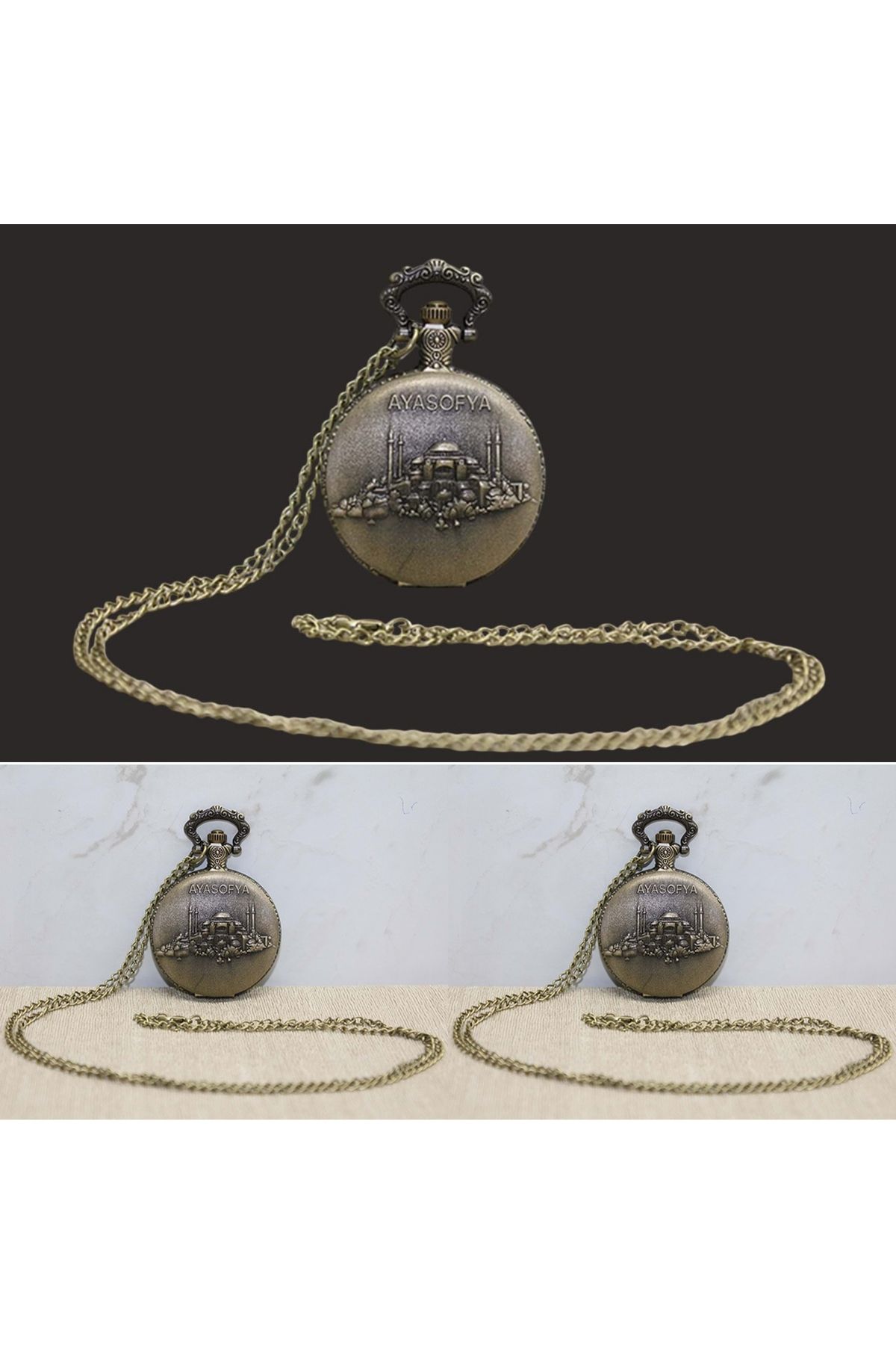 Wolawood Özel Üretim Ayasofya Motifli Köstekli Saat Osmanlı Tarzı Koleksiyon Metal Zincirli Vintage Cep Saati
