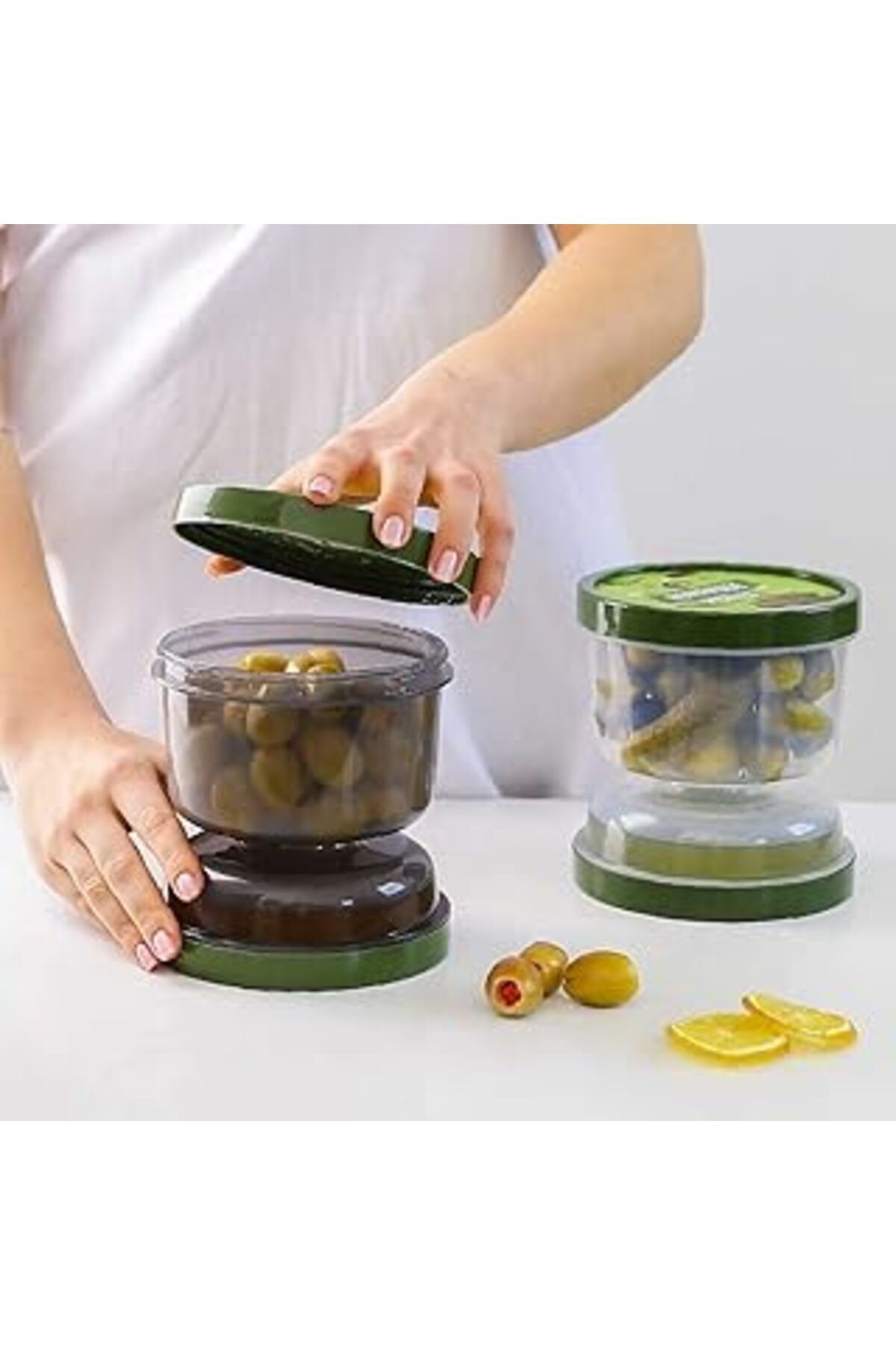 Mu Art Ahşap Porsima 02 1391 Kum Saati Süzgeçli Zeytinlik - 2 Li Zeytin Turşu Saklama Kabı Yeşil