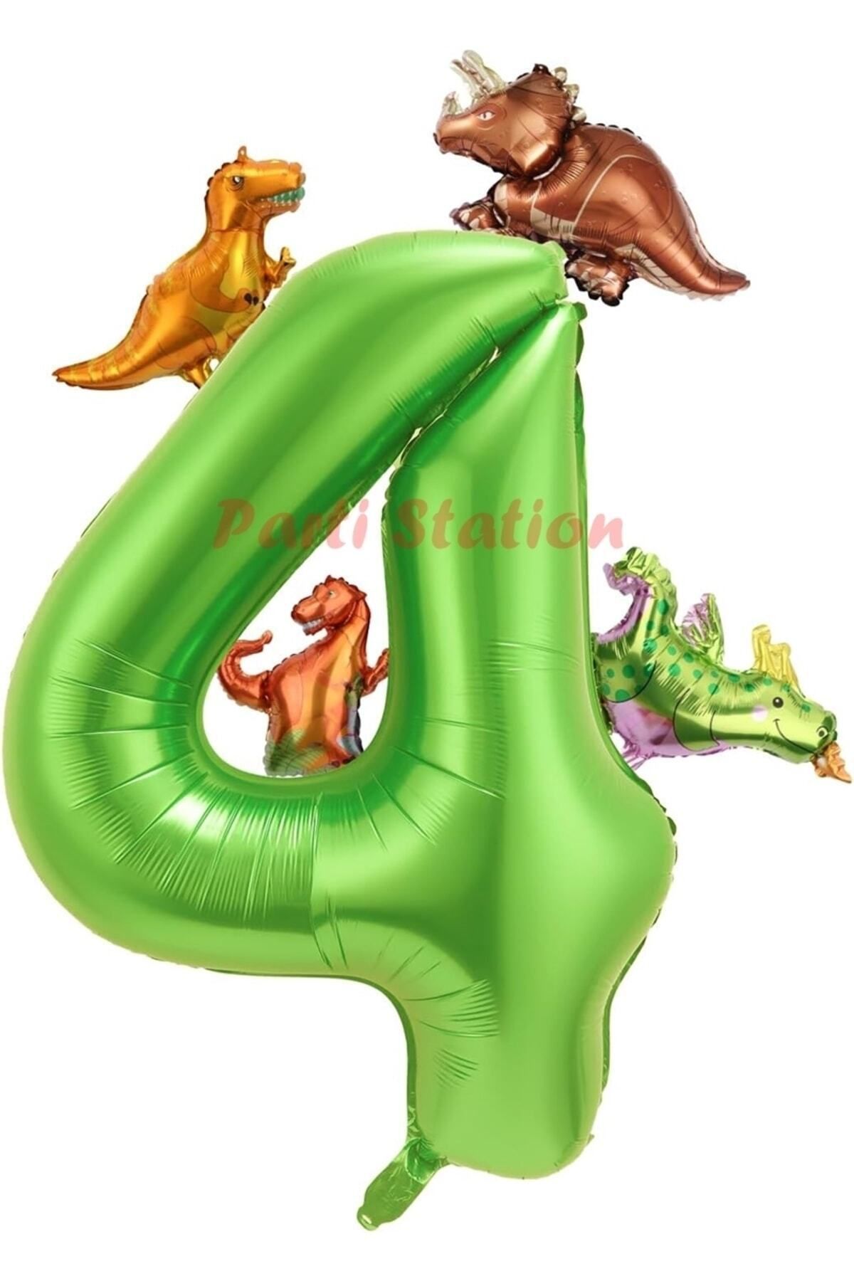 Partifest Dinozor Konsept Yeşil Rakam 4 Yaş Balon Yeşil Renk Dinazor Yaş Balon Uçan Helyum Sayı Balon