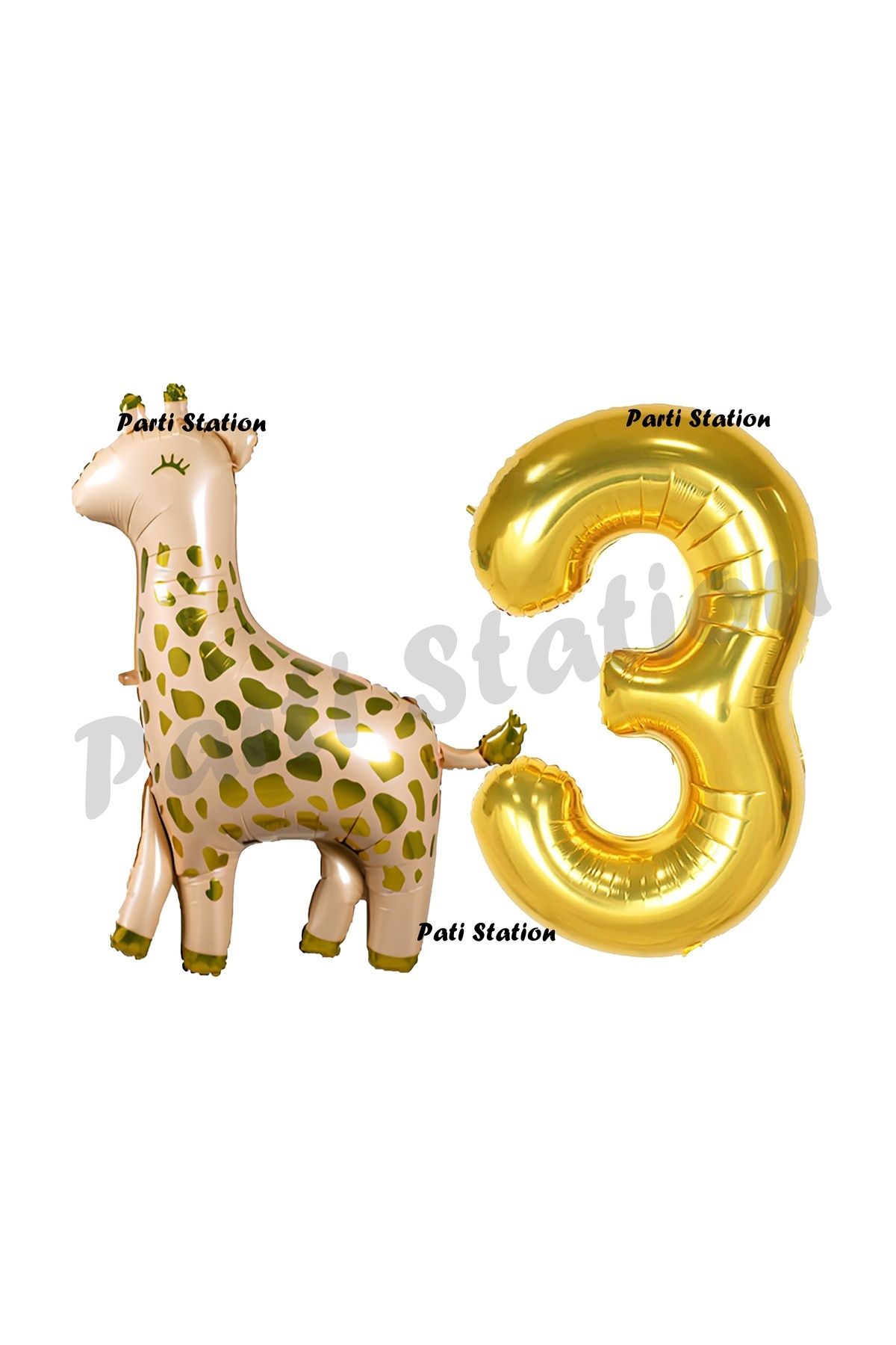 Partifest Safari Zürafa 3 Yaş Balon Set Sevimli Zürafa ve Gold Rakam Balon Doğum Günü Set