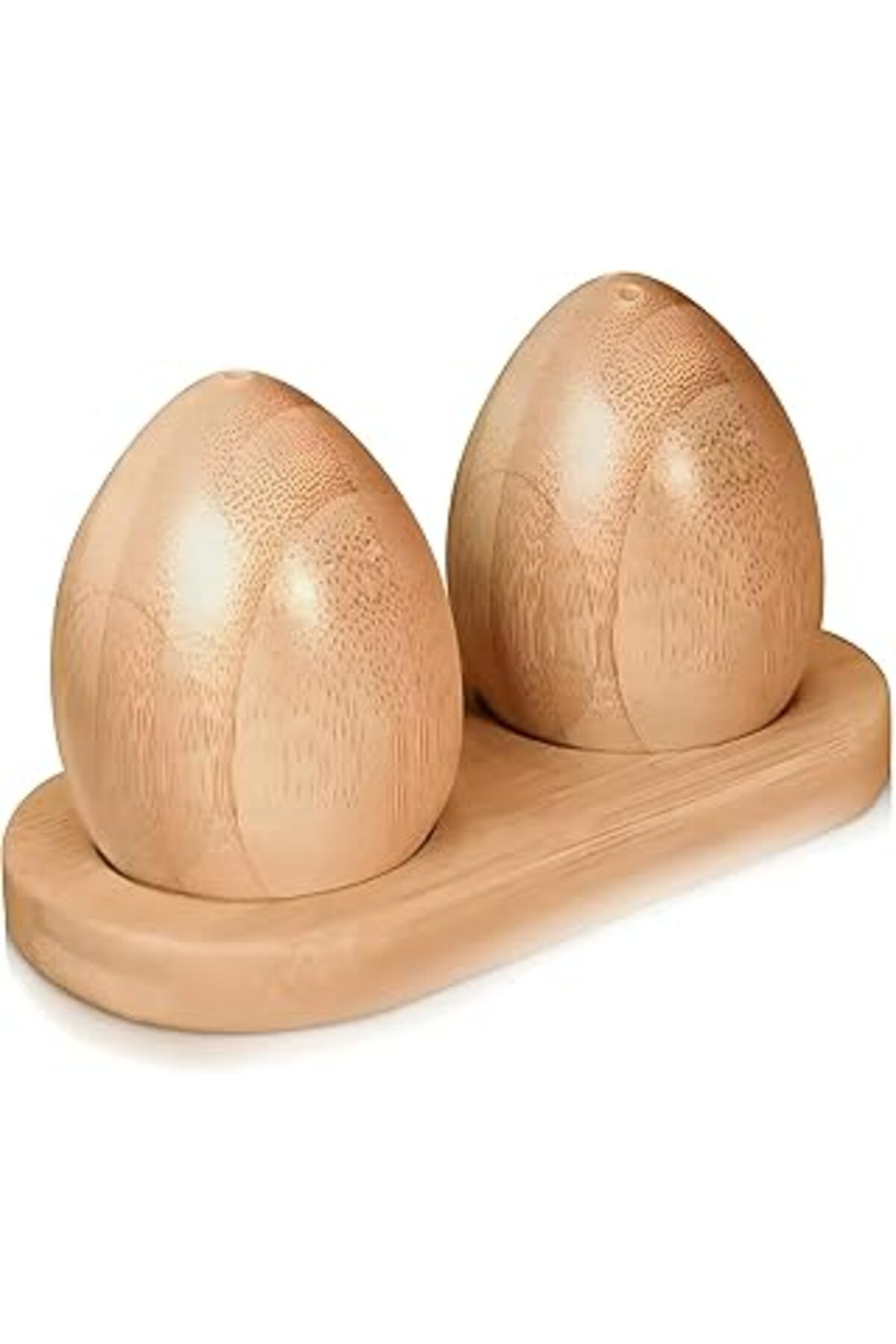 Mu Art Ahşap Bambu Tuzluk Biberlik Seti, 2'Li Yumurta Şeklinde, Ahşap Standlı, Modern Mutfak Aksesuarı