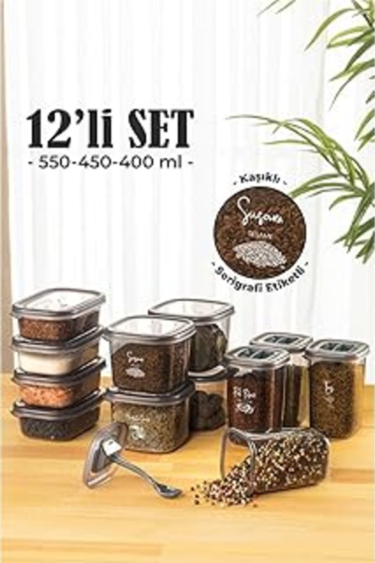 NETWORK ART 12Li Etiketli Kaşıklı Baharat Saklama Kabı Seti Çeyiz Pakedi Full Set 4X(0,40, 0,45, 0,55 L)