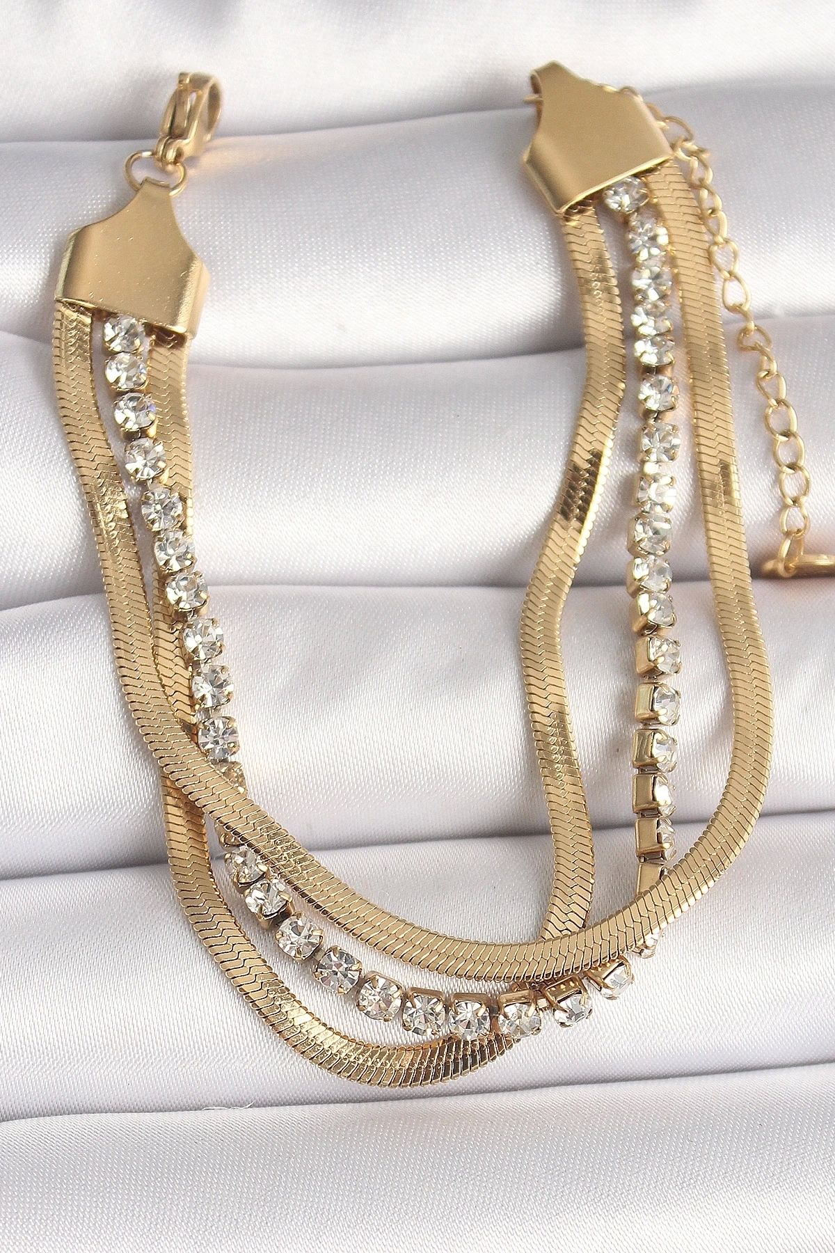 shopwave 316L Çelik Gold Renk 2'Li İtalyan Zincir Model Zirkon Taşlı Kadın Bileklik