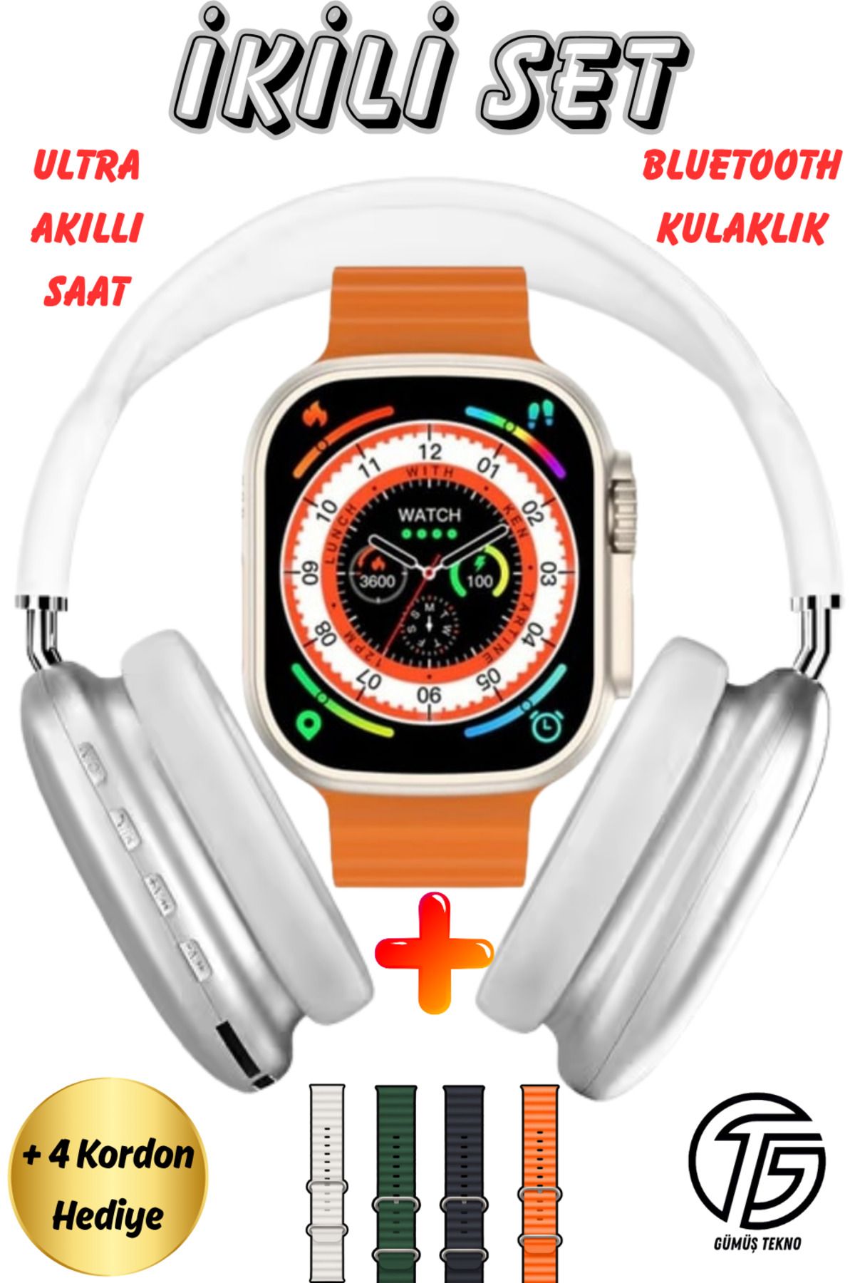 GÜMÜŞTEKNO Ultra Akıllı Saat + P9 Bluetooth Kulaklık Seti 4 Kordon Hediyeli iOS Android Uyumlu Arama Bildirim