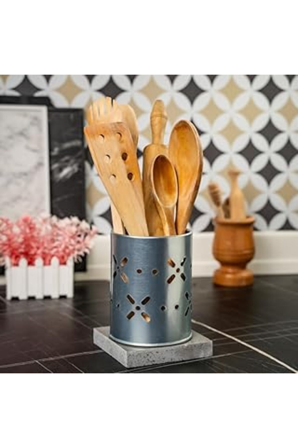 Mu Art Ahşap Lin Metal Papatya Çatal-Bıçaklık Metal Mutfak Düzenleyici, Kaşıklık, Tezgahüstü Organizer, Kaşıklık