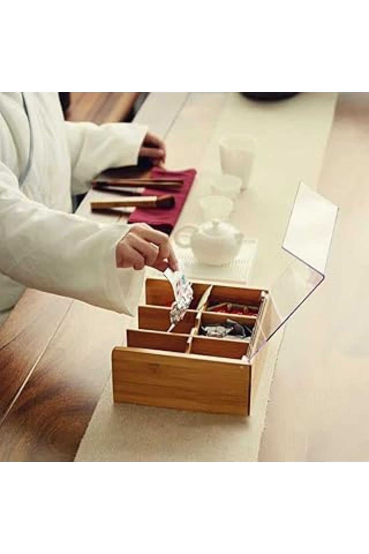 ASİTAN Deconox Akrilik Şeffaf Kapaklı Bambu 6 Bölmeli Çay Kutusu -%100 Bambu Şeffaf Kapak (22cm*22