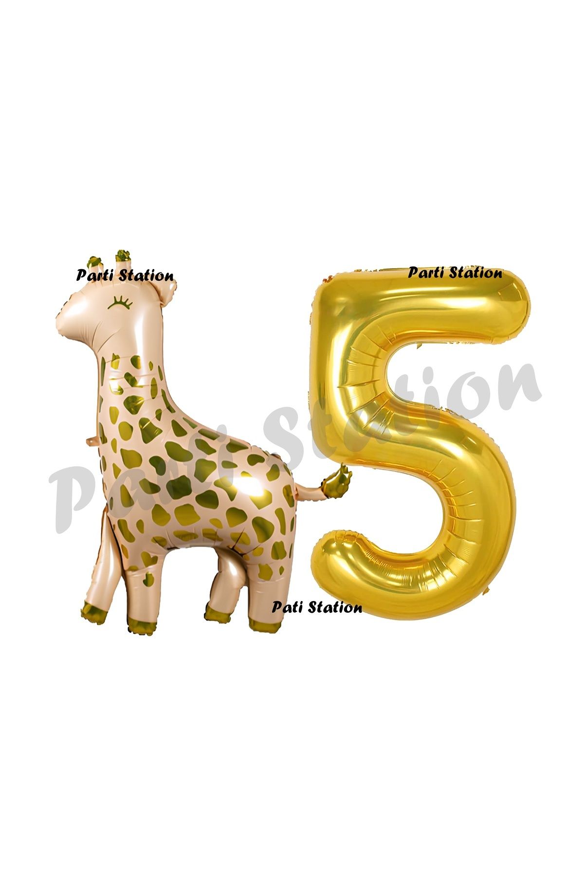 Partifest Safari Zürafa 5 Yaş Balon Set Sevimli Zürafa ve Gold Rakam Balon Doğum Günü Set