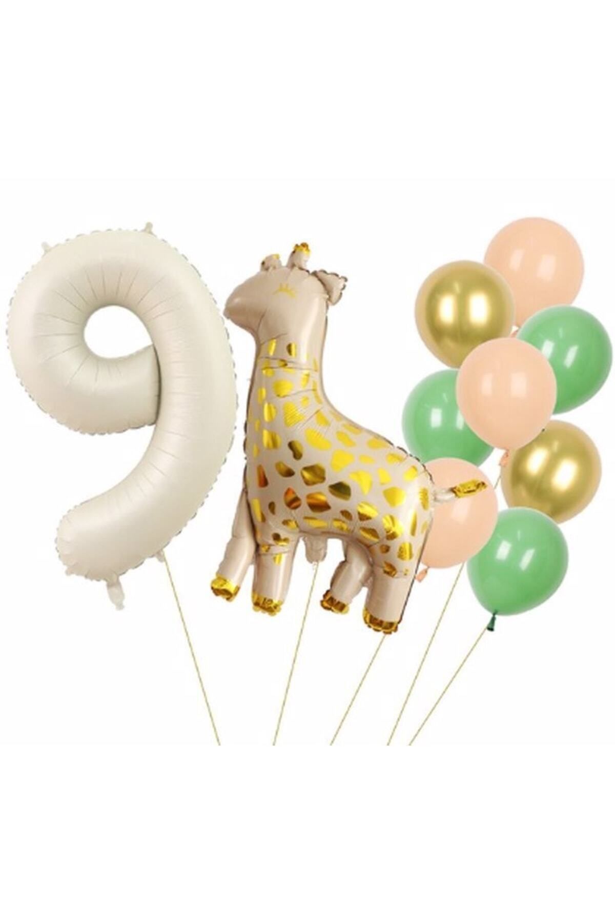 Partifest Zürafa 9 Yaş Balon Set Yıldız Balon Folyo Set Konsept Doğum Günü Set Yaş Balon Set