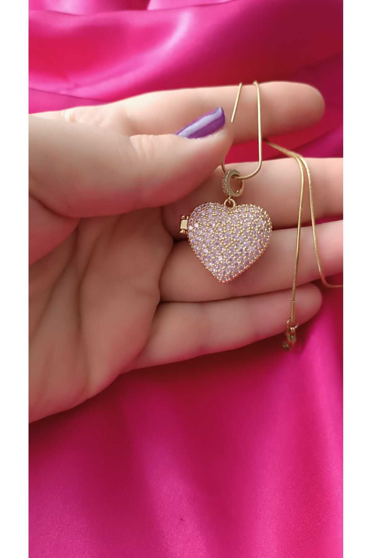 shop Çelik Kararma Yapmaz Zirkon Taşlı Açılır Kalp Figürlü Uçuk Pembe Kaliteli Şık Kadın Kolye