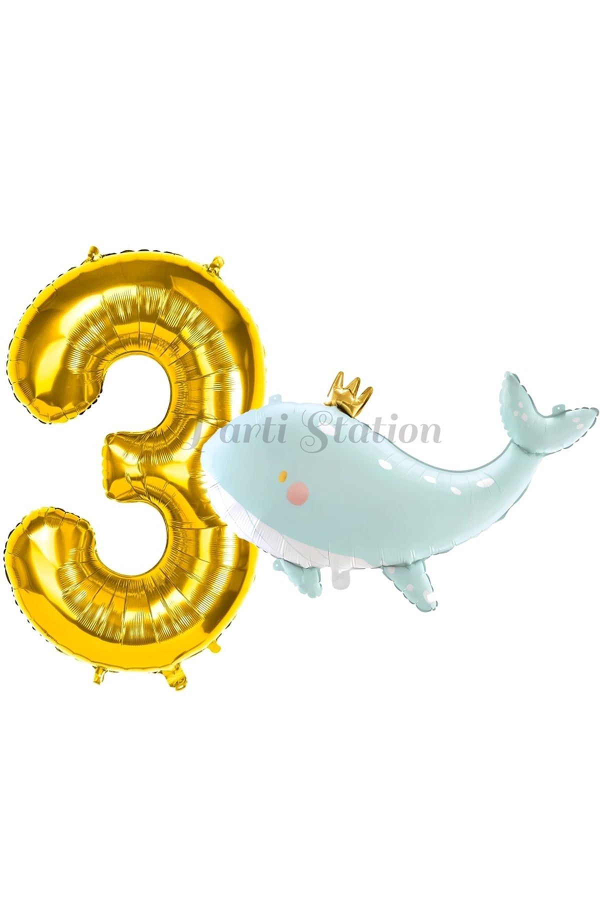Partifest Sevimli Yeşil Balina 3 Yaş Balon Set Deniz Okyanus Canlıları Konsept Balon ve Gold Rakam Balon