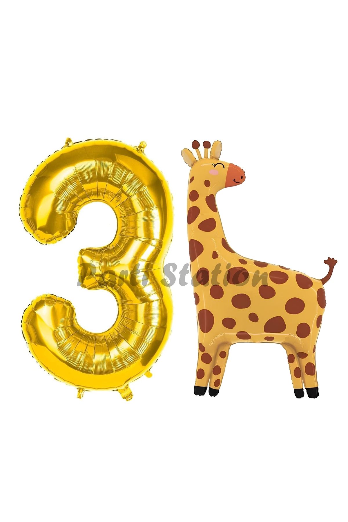 Partifest Safari Zürafa Balon 3 Yaş Balon Set Safari Konsept Sevimli Zürafa Balon ve Gold Renk Rakam Balon