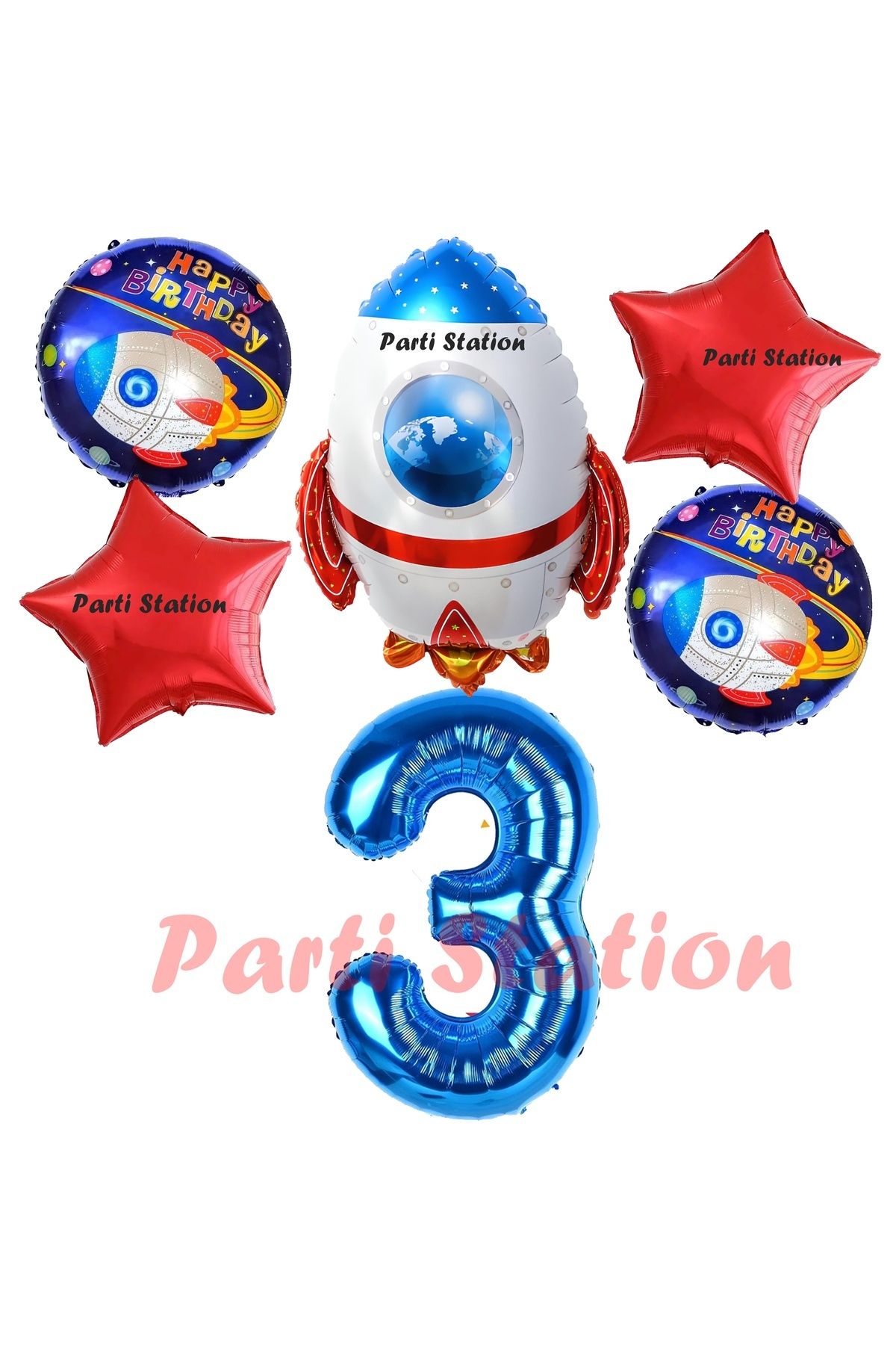 Partifest Uzay Konsept Roket Balon 3 Yaş Doğum Günü Set Uzay Konsept Balon Rakam Balon Set